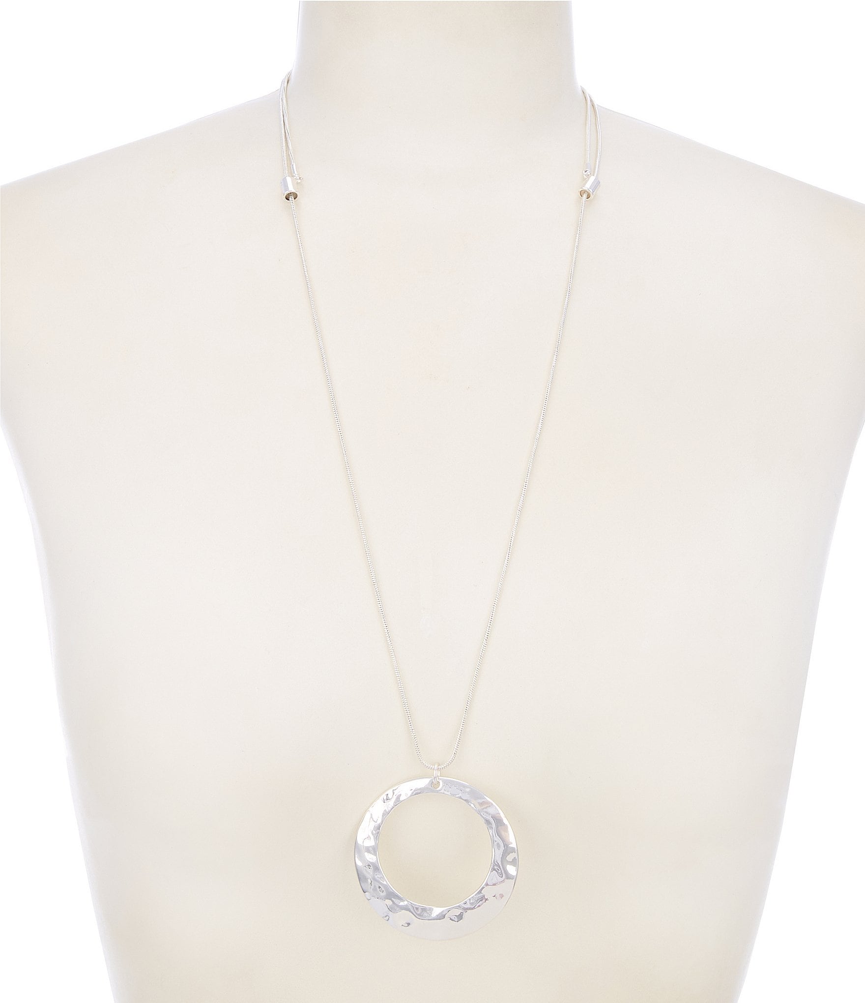 Simplicity Hammered Round Open Metal Long Pendant Necklace
