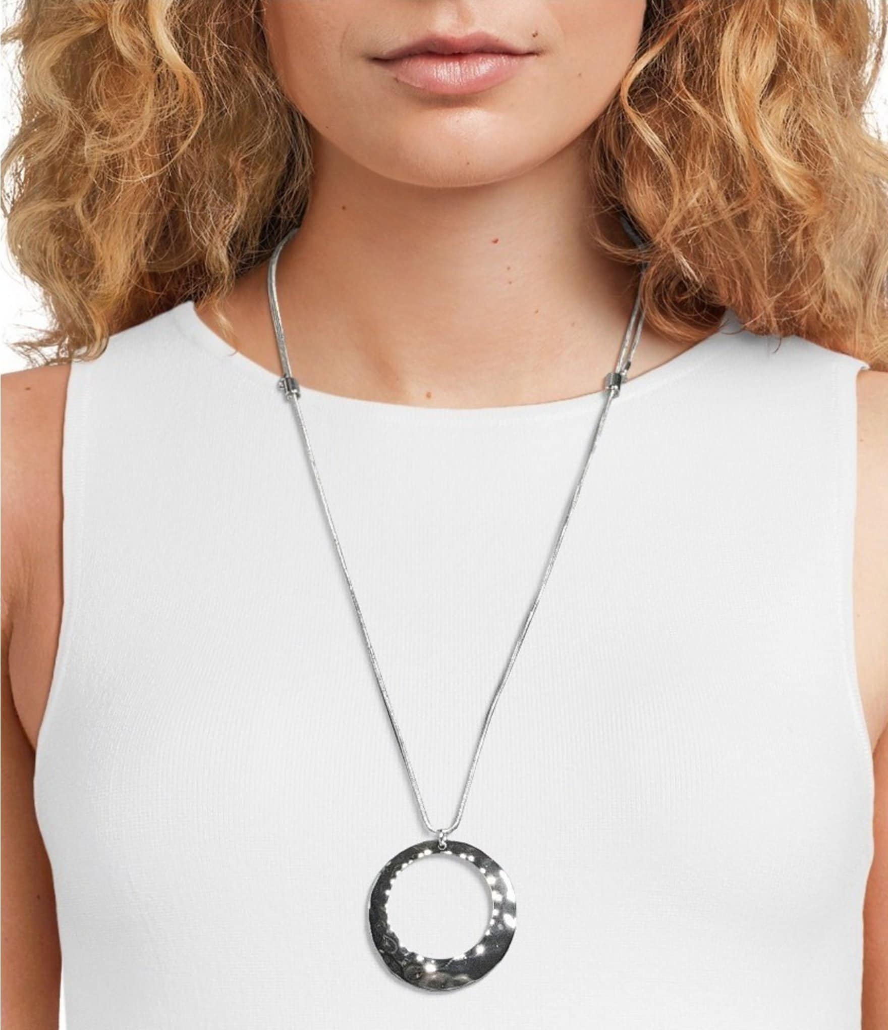 Simplicity Hammered Round Open Metal Long Pendant Necklace