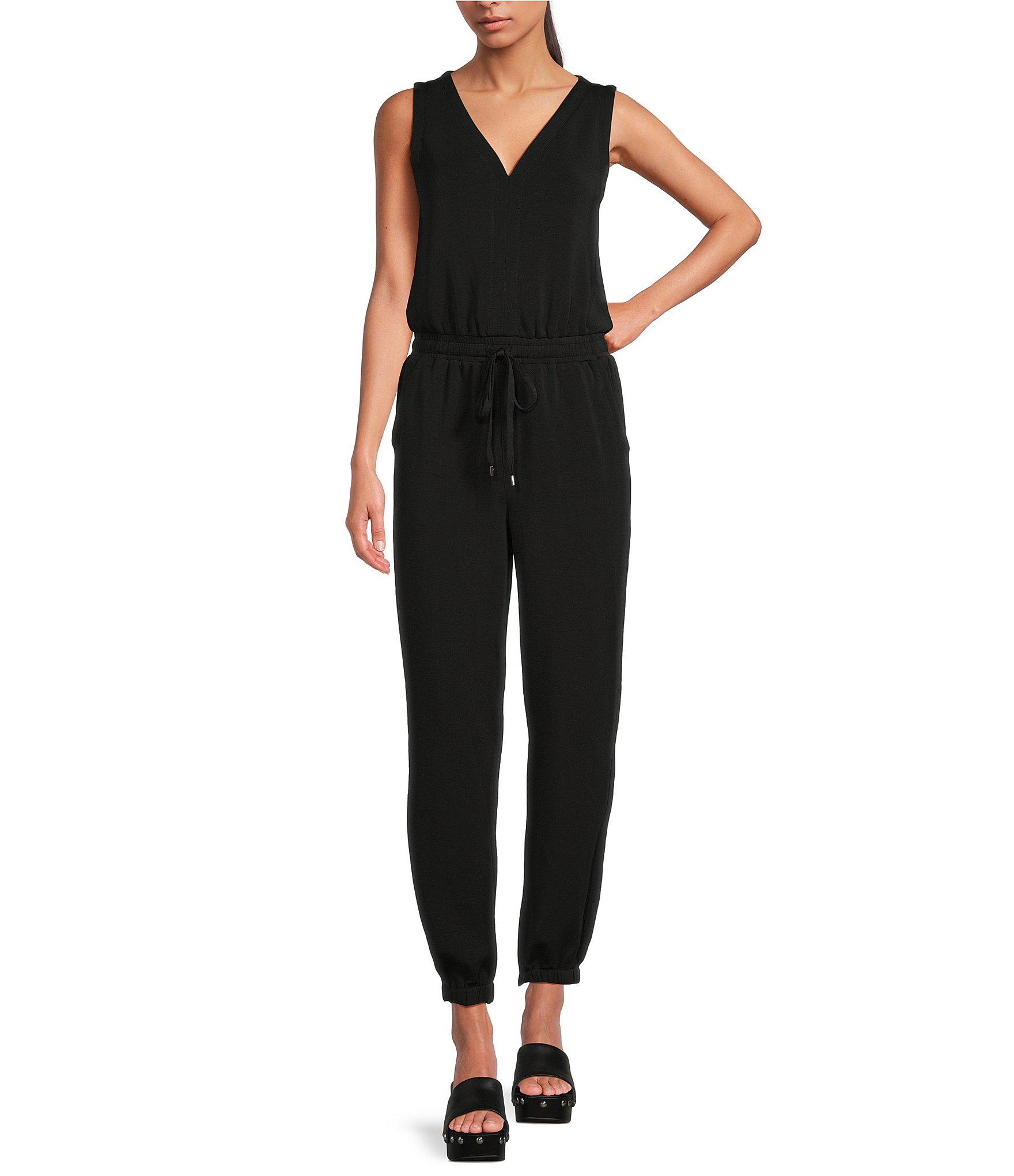 Skies Are Blue Brushed Modal V Neck Sleeveless High Waisted Elastic Waist Jumpsuit