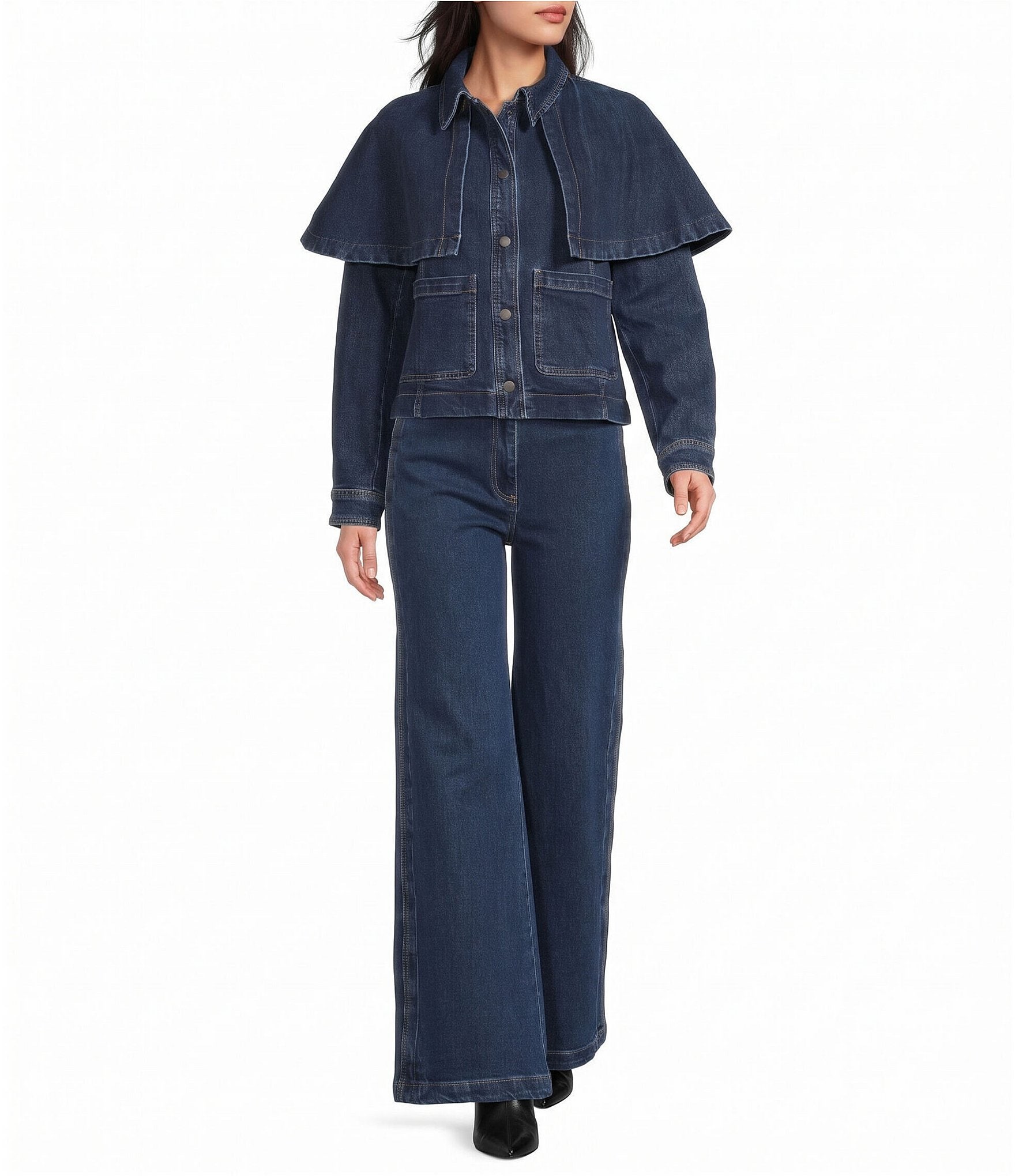 Skies Are Blue Cape Collared Long Sleeve Coordinating Denim Jacket