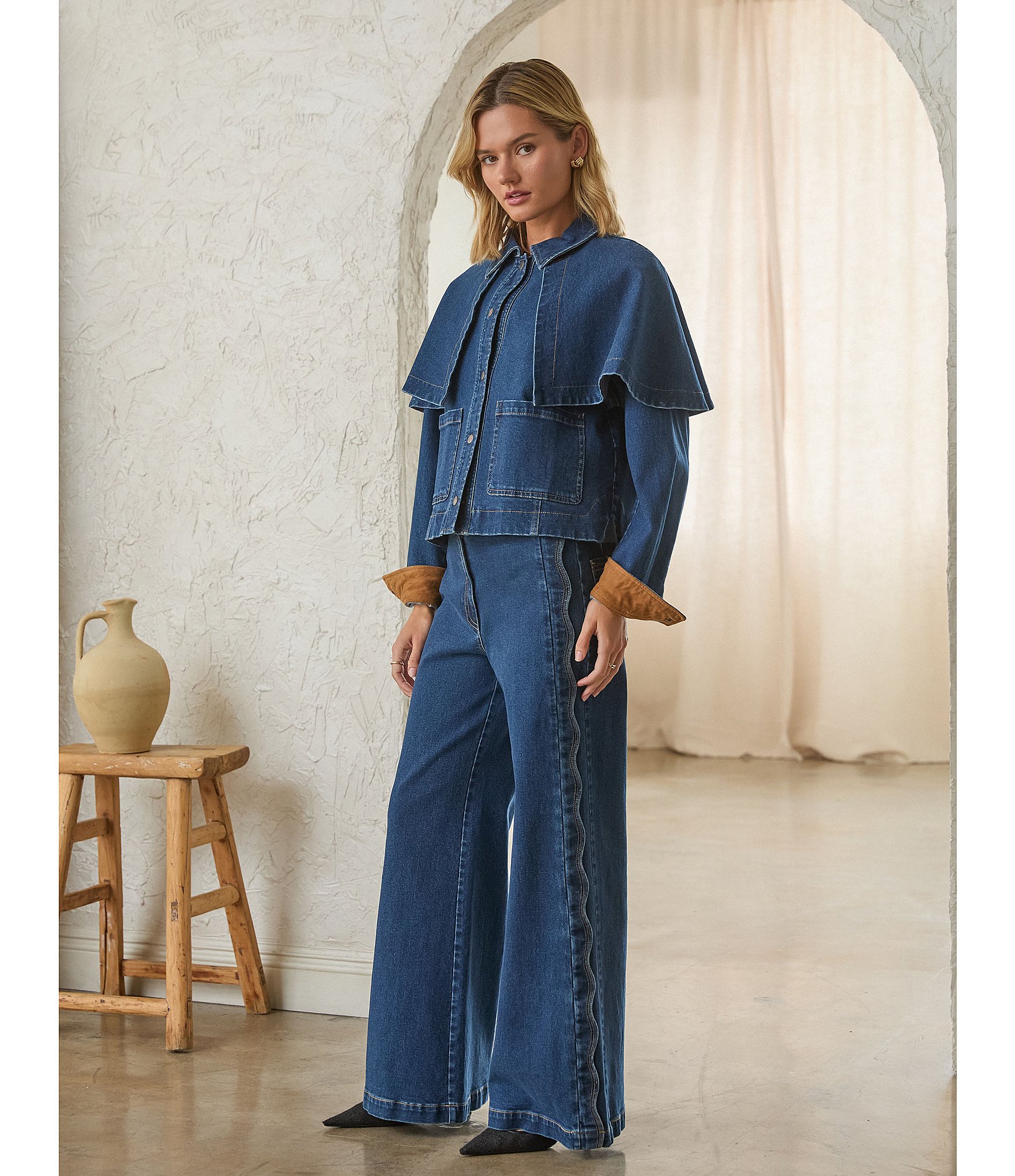 Skies Are Blue Cape Collared Long Sleeve Coordinating Denim Jacket