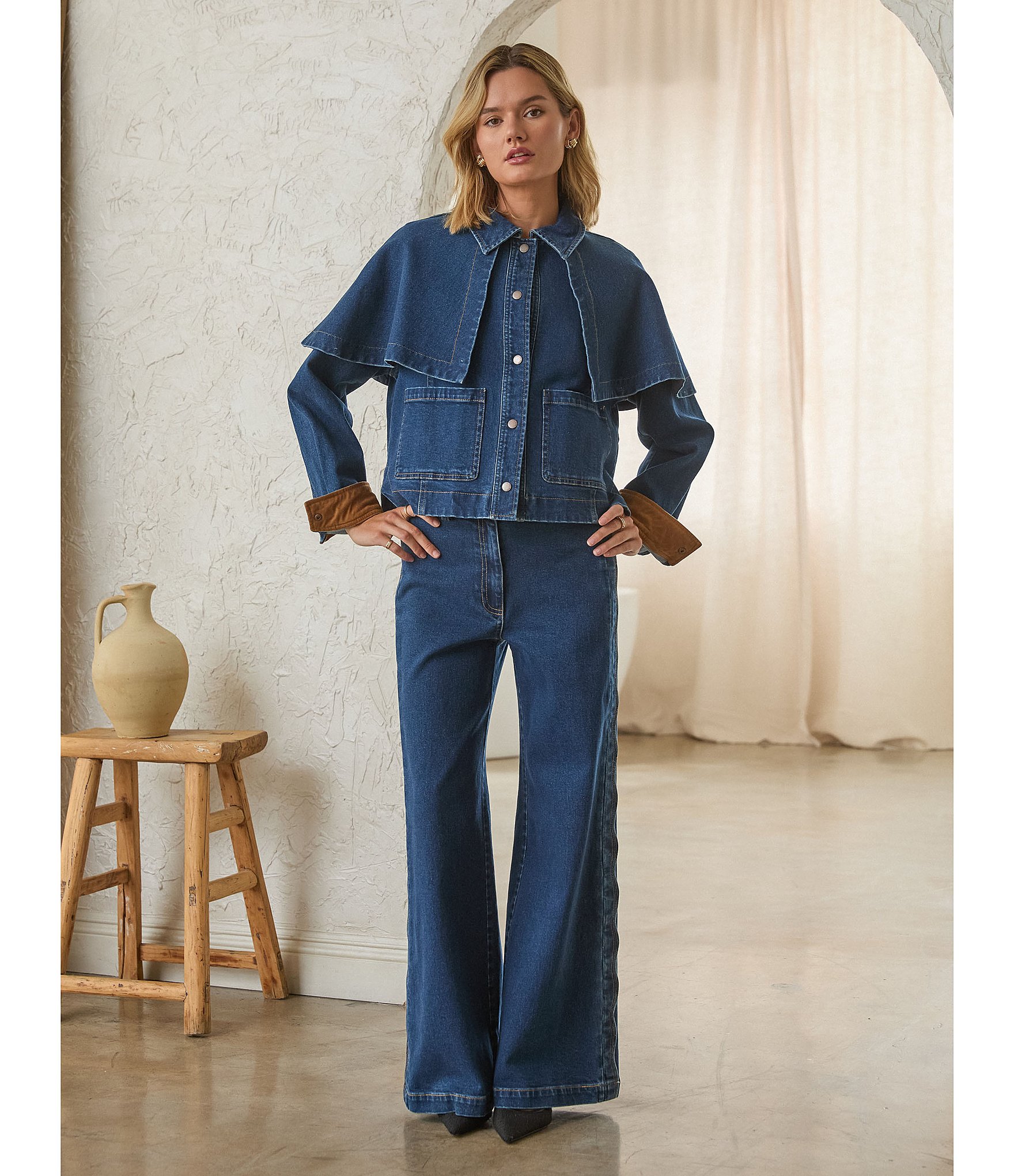 Skies Are Blue Cape Collared Long Sleeve Coordinating Denim Jacket