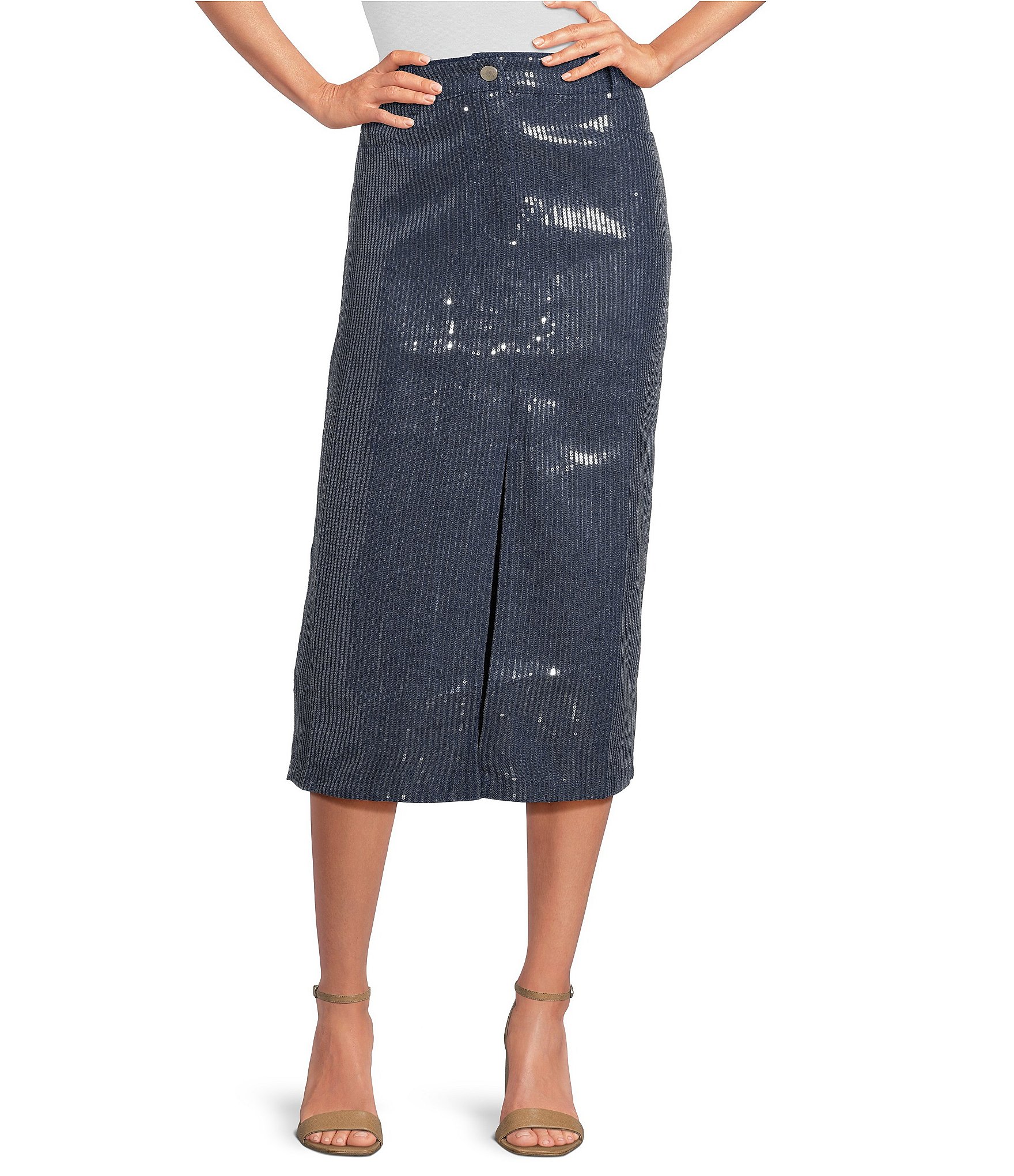 Skies Are Blue Denim Sequin Midi Skirt