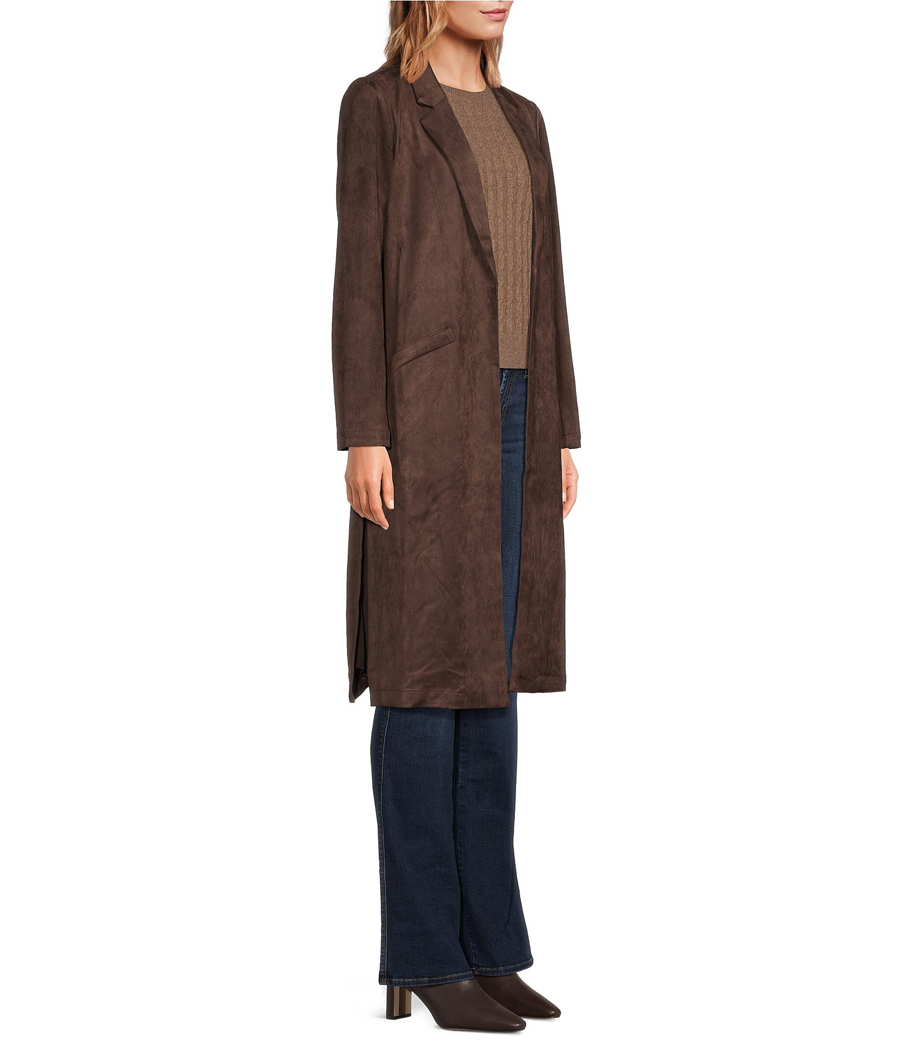 Skies Are Blue Faux Suede Notch Collar Neck Long Sleeve Open Front Duster