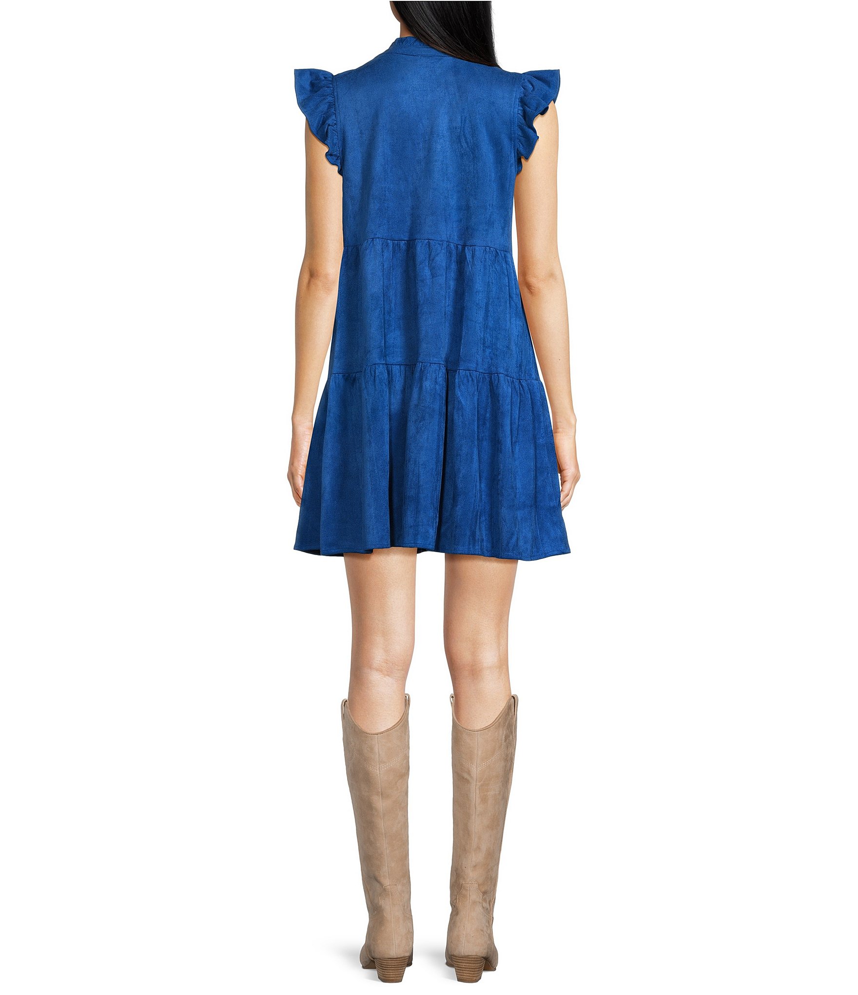 Skies Are Blue Faux Suede Split V-Neck Ruffle Cap Sleeve Tier Dress