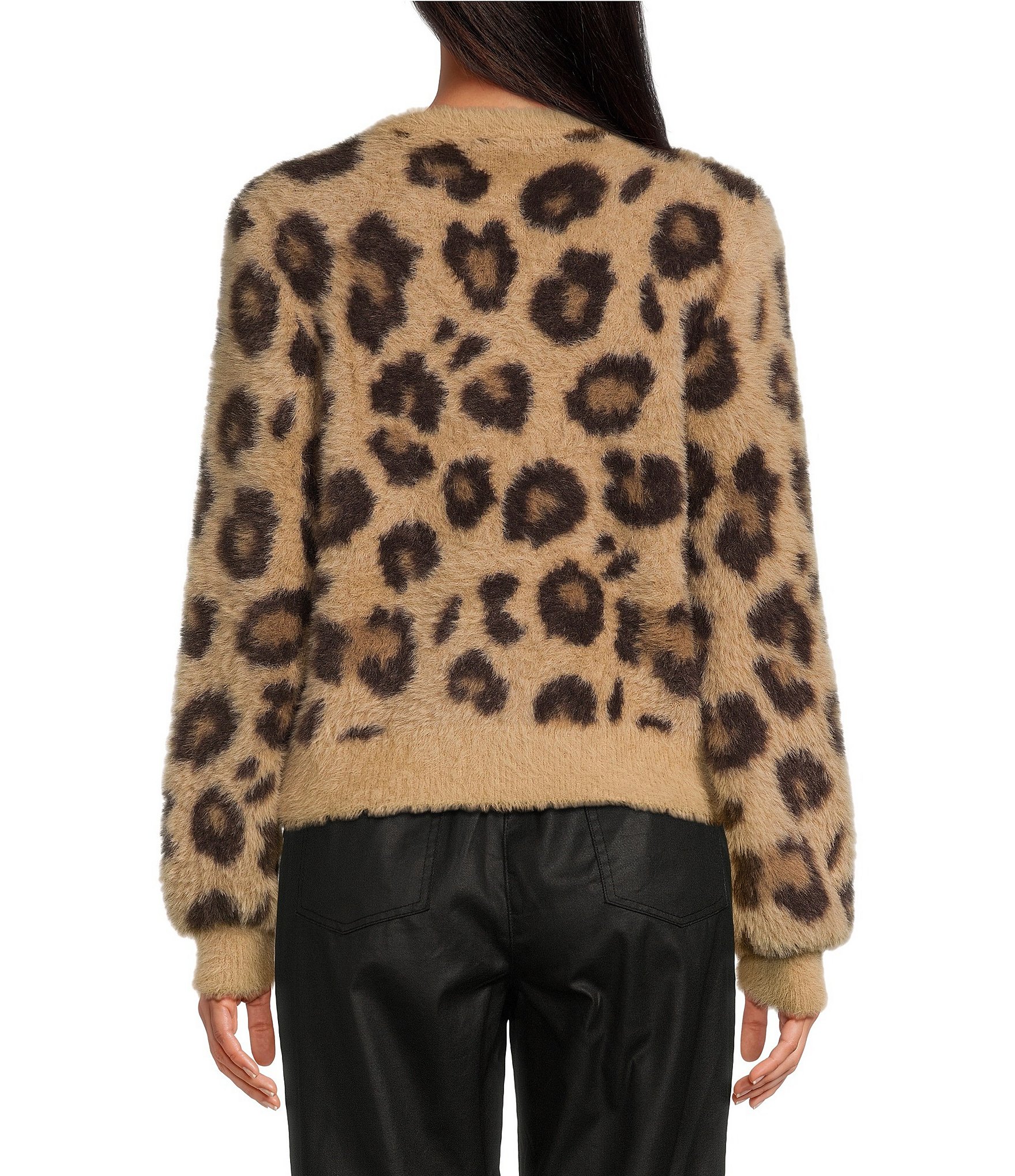 Skies Are Blue Fuzzy Leopard Print Crew Neck Long Sleeve Button Front Cardigan