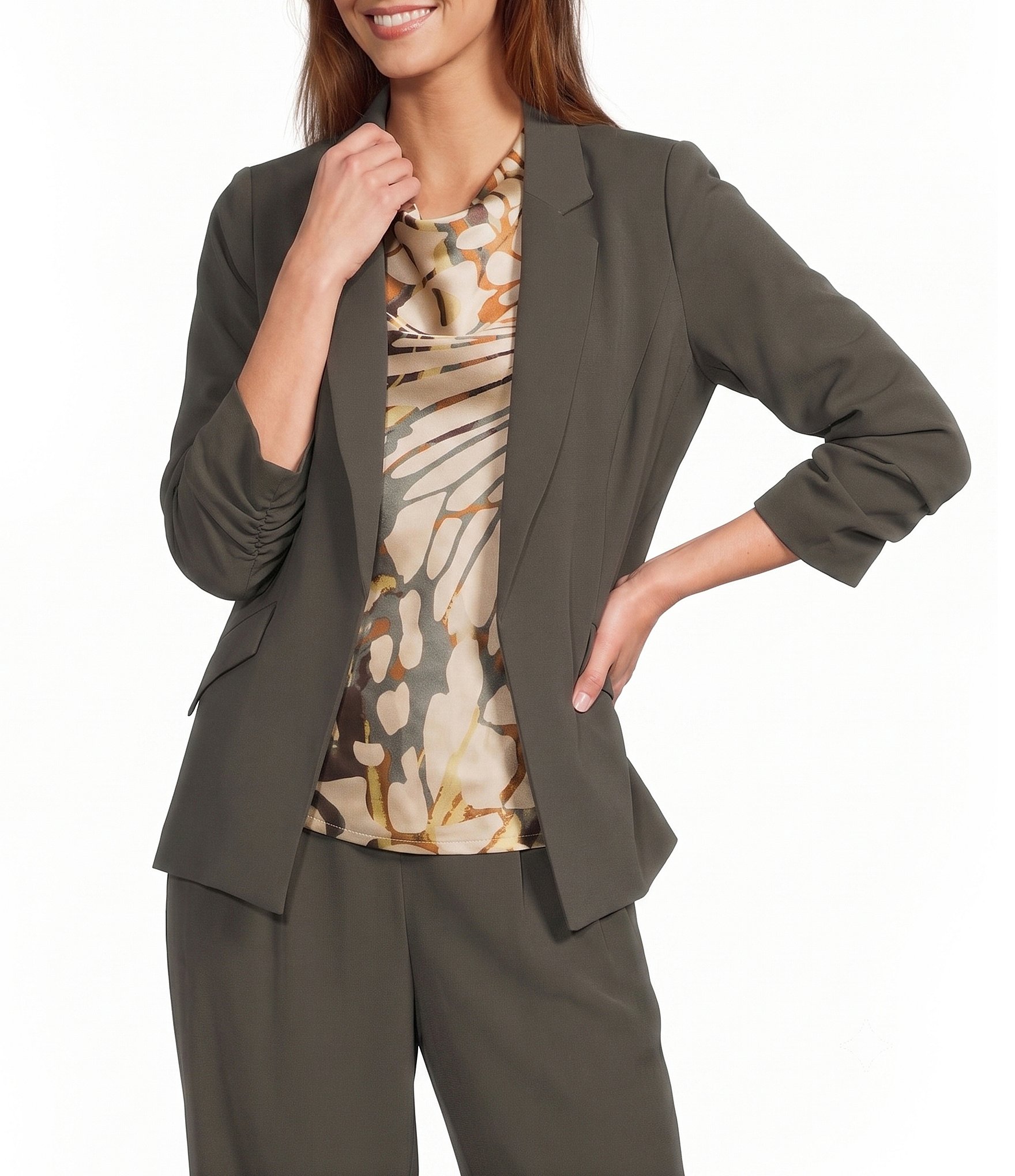 Skies Are Blue Notch Lapel Shirred 3/4 Sleeve Open Front Statement Blazer