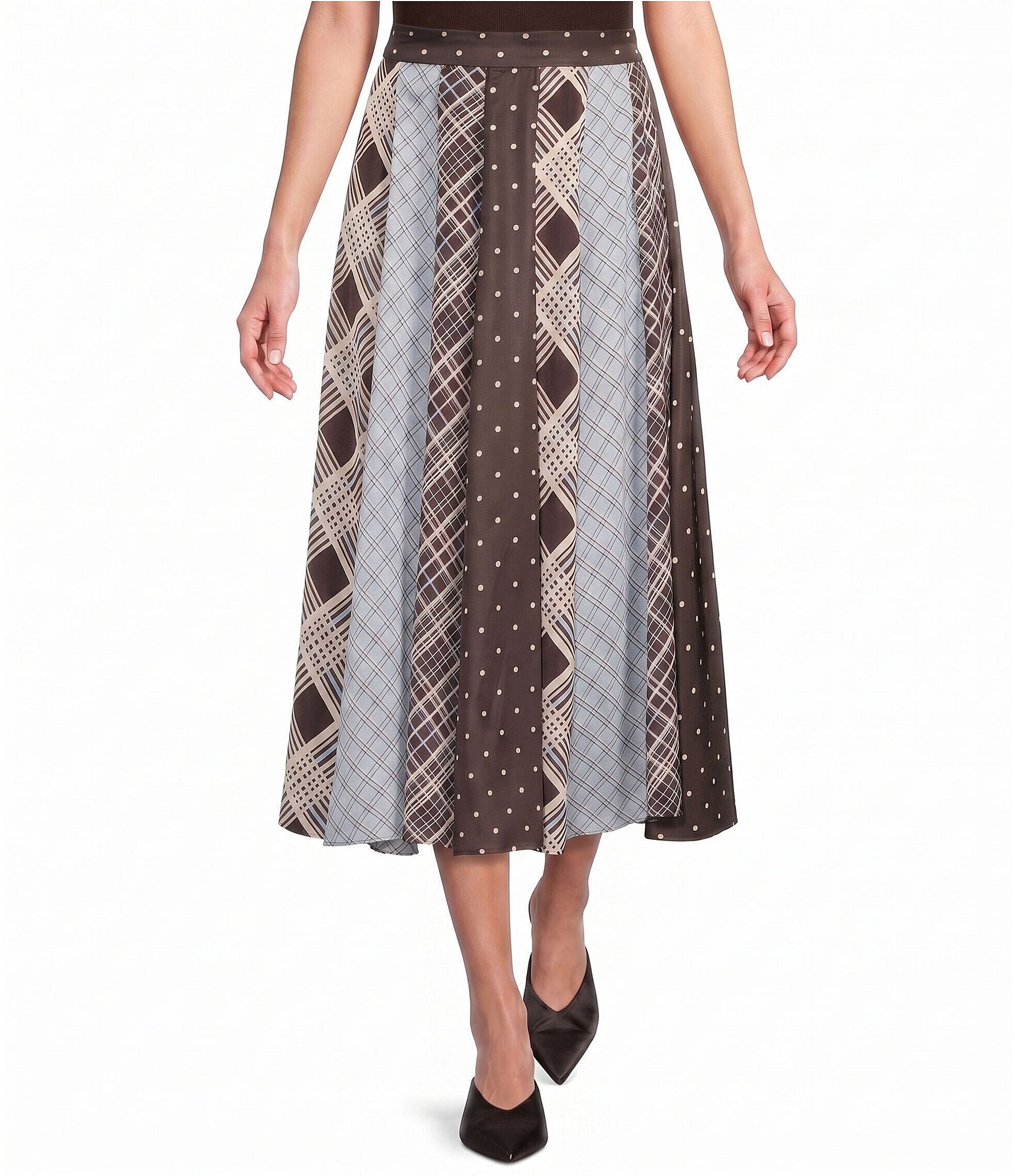 Skies Are Blue Petite Size Mix Print High Waisted A-Line Flared Maxi Skirt