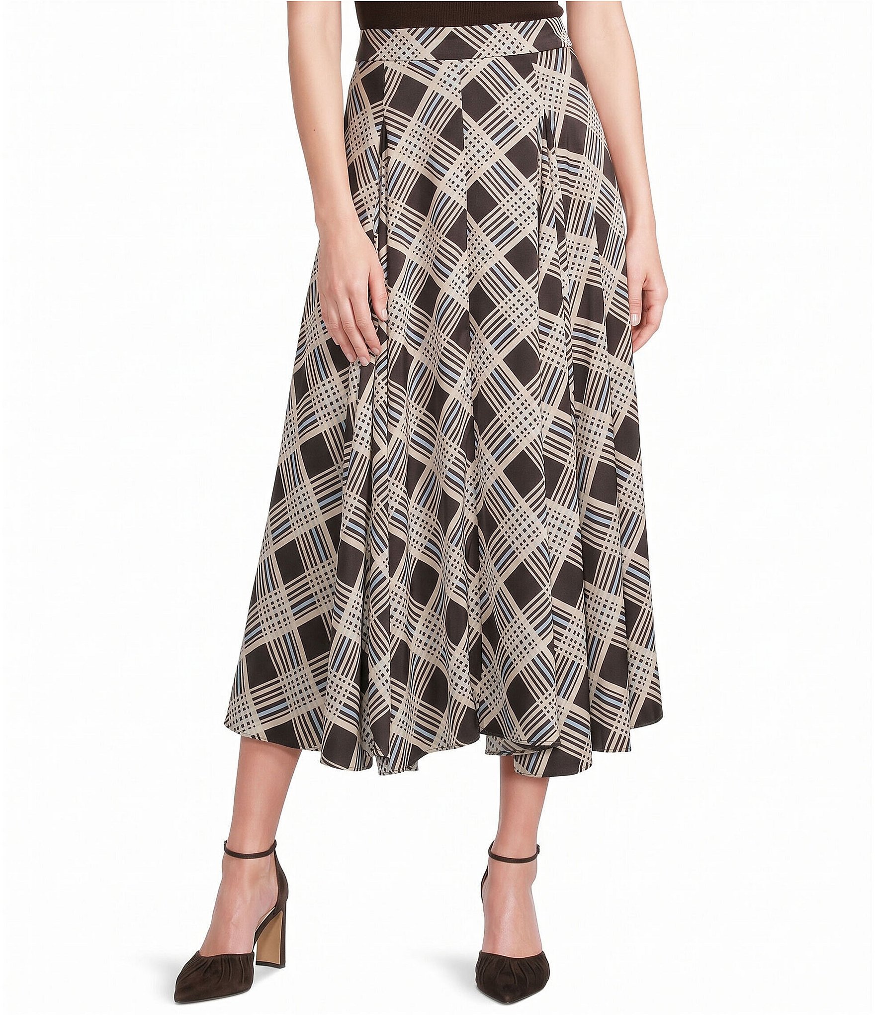 Skies Are Blue Plaid Printed Flared A-Line Maxi Skirt
