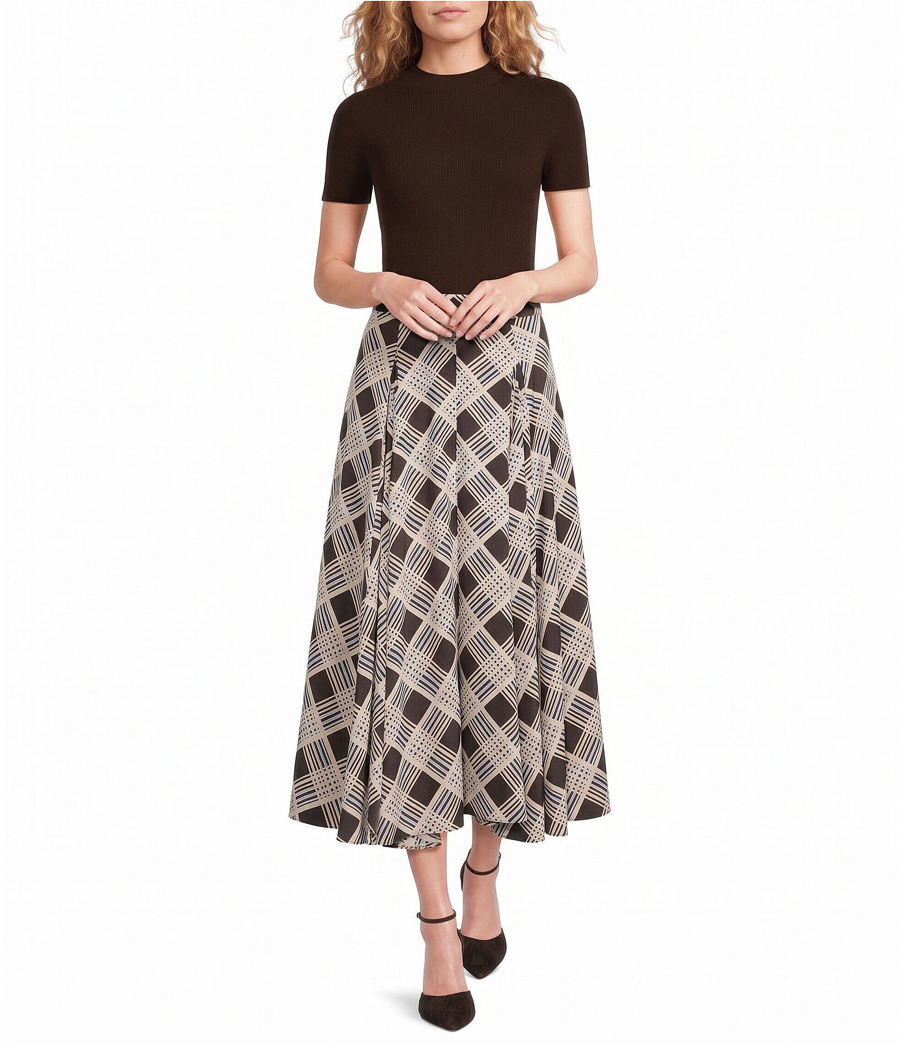Skies Are Blue Plaid Printed Flared A-Line Maxi Skirt