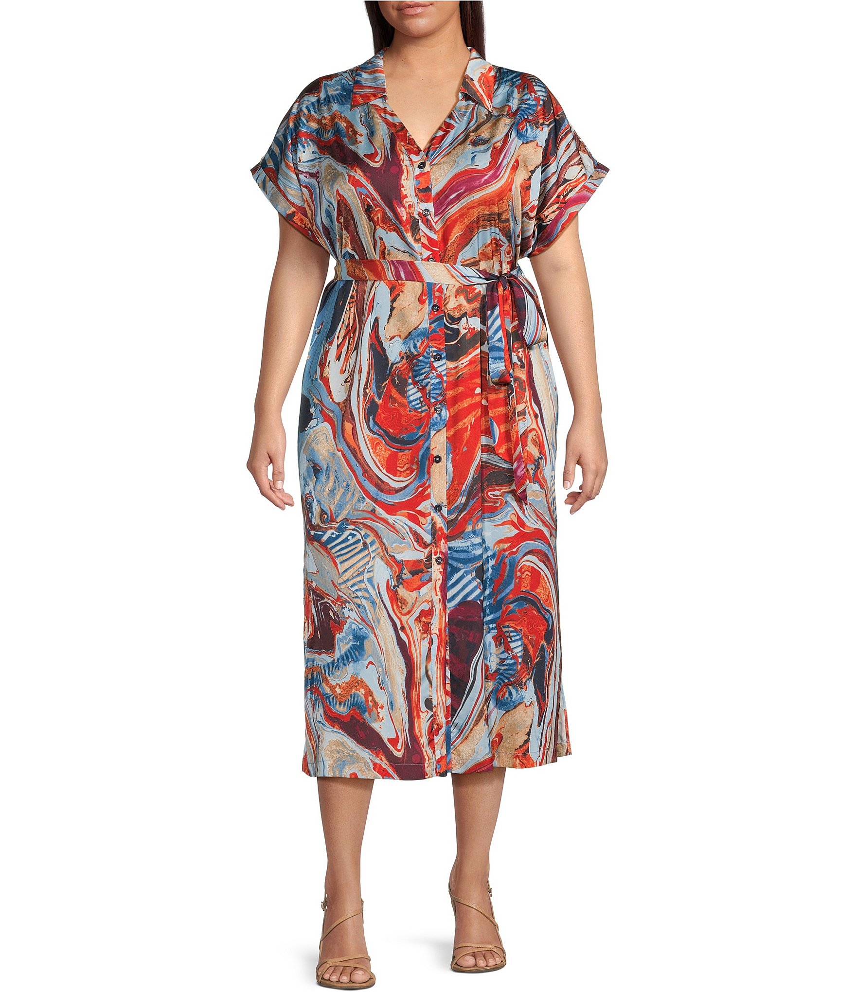 Skies Are Blue Plus Abstract Printed Short Sleeve Shirtdress