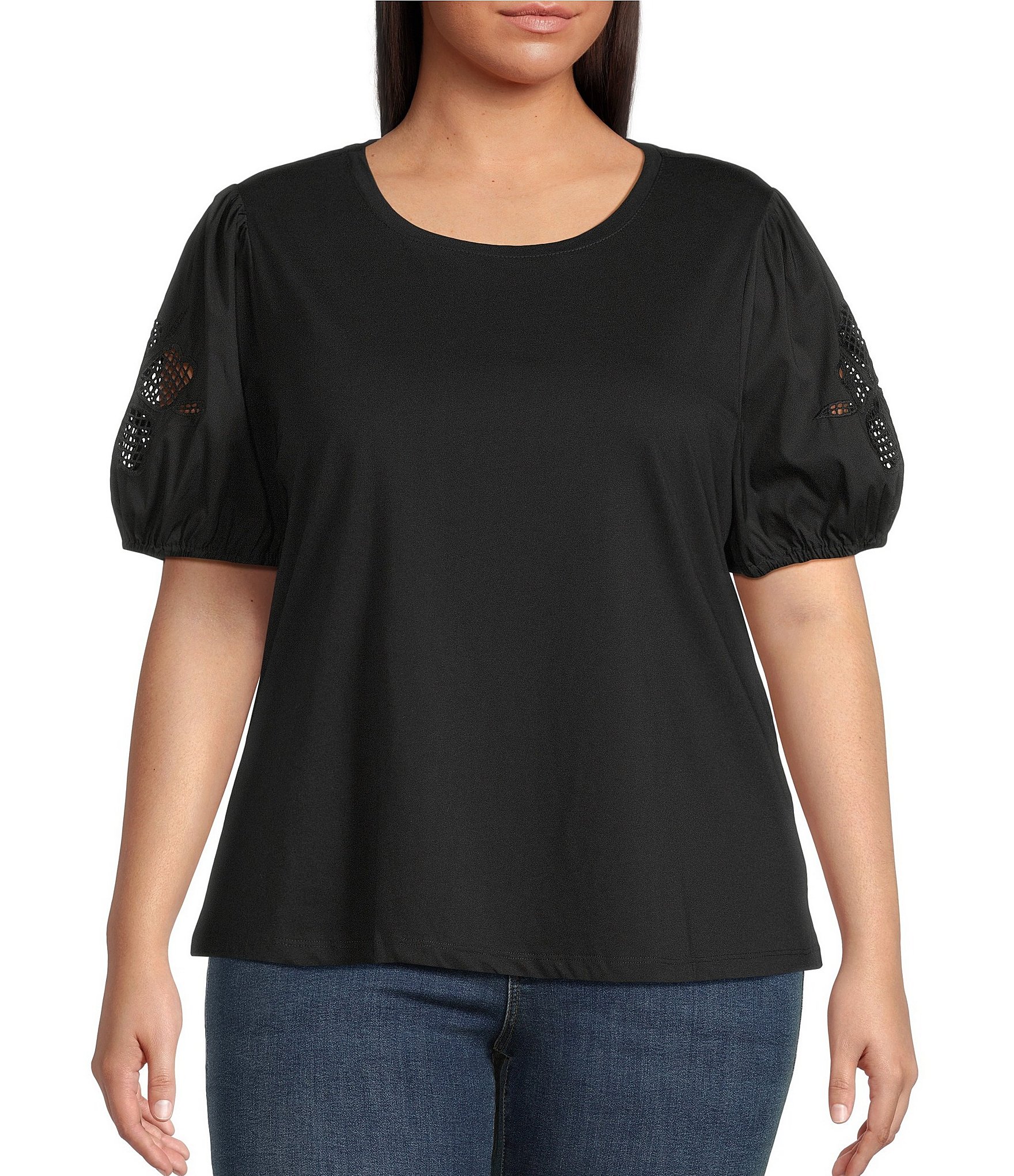 Skies Are Blue Plus Size Knit Puff Sleeve Embroidered Top
