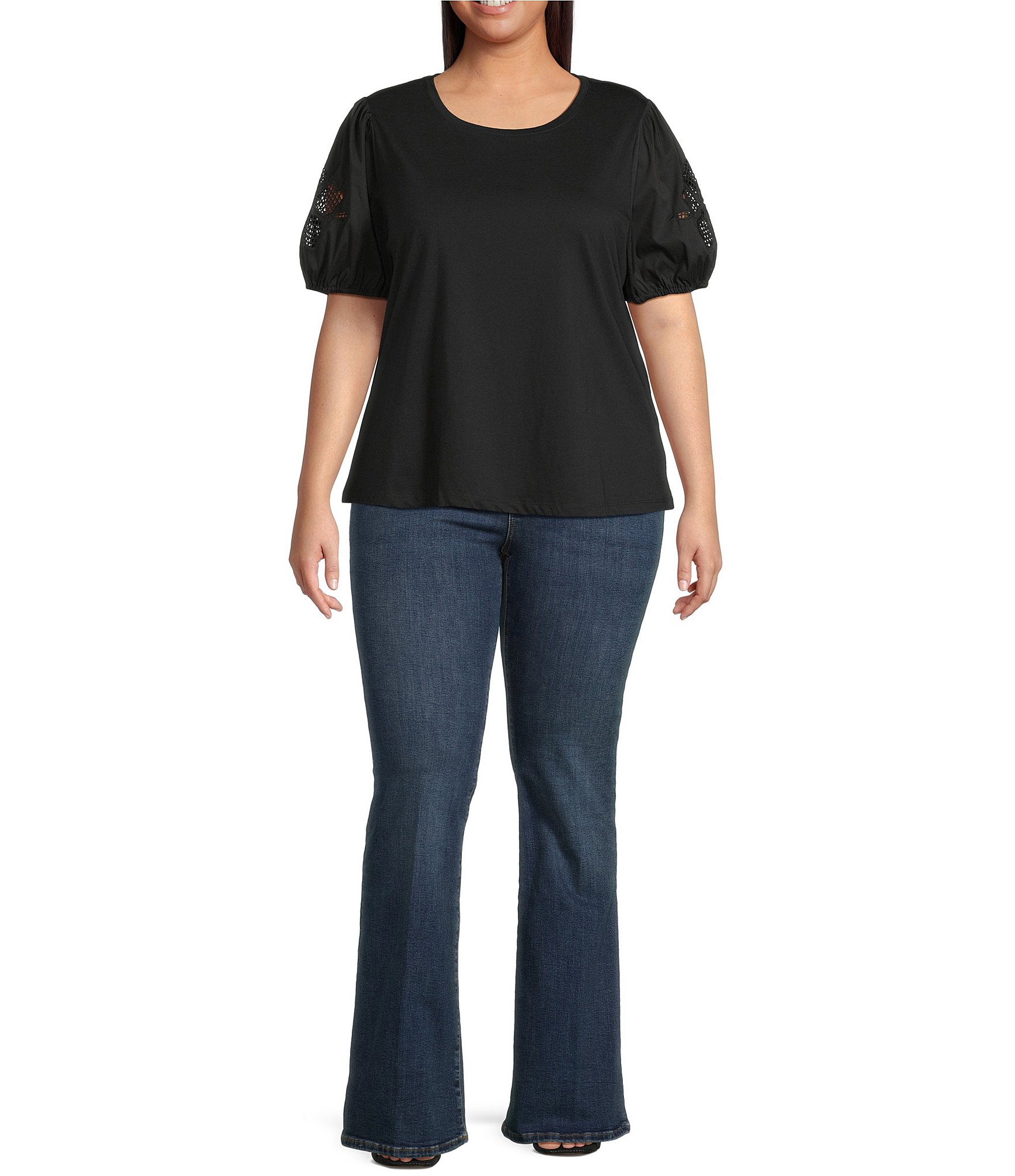 Skies Are Blue Plus Size Knit Puff Sleeve Embroidered Top