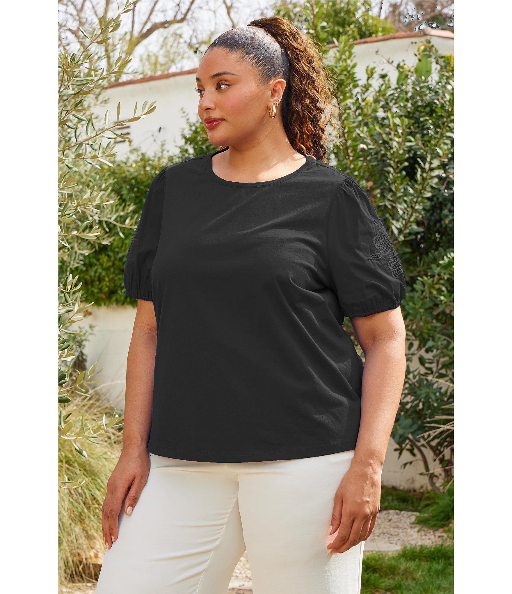 Skies Are Blue Plus Size Knit Puff Sleeve Embroidered Top