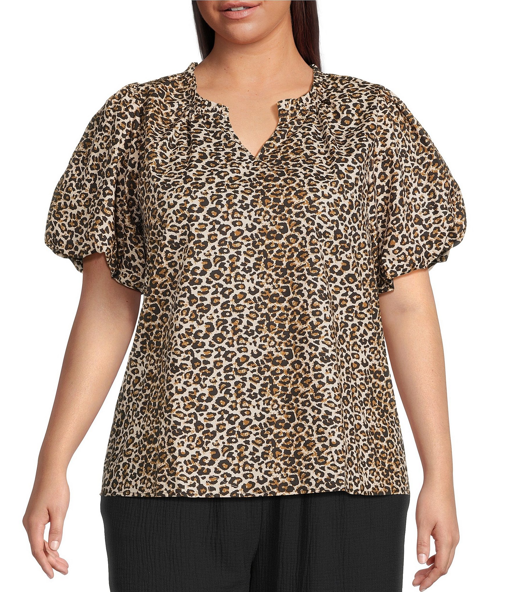 Skies Are Blue Plus Size Leopard Print Poplin Puff Sleeve Top