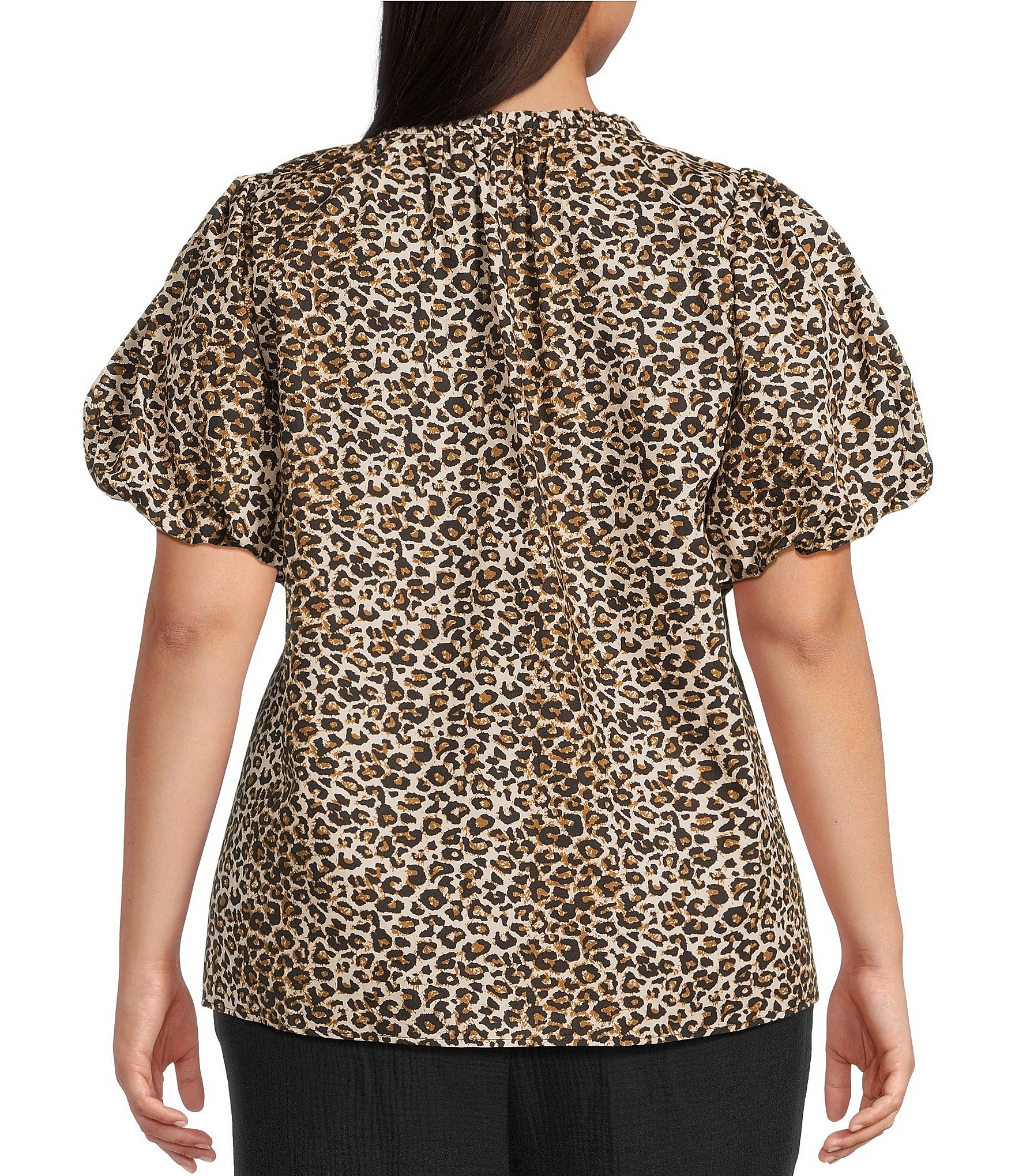 Skies Are Blue Plus Size Leopard Print Poplin Puff Sleeve Top