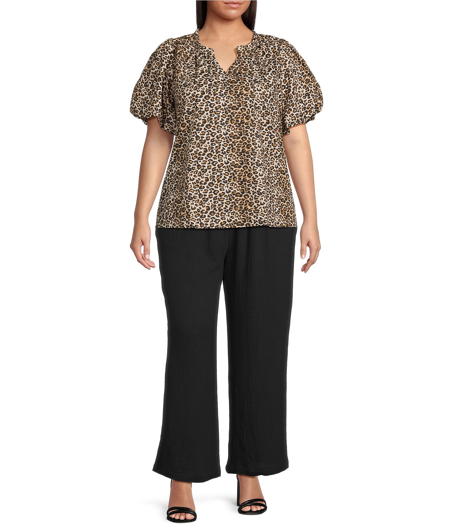 Skies Are Blue Plus Size Leopard Print Poplin Puff Sleeve Top