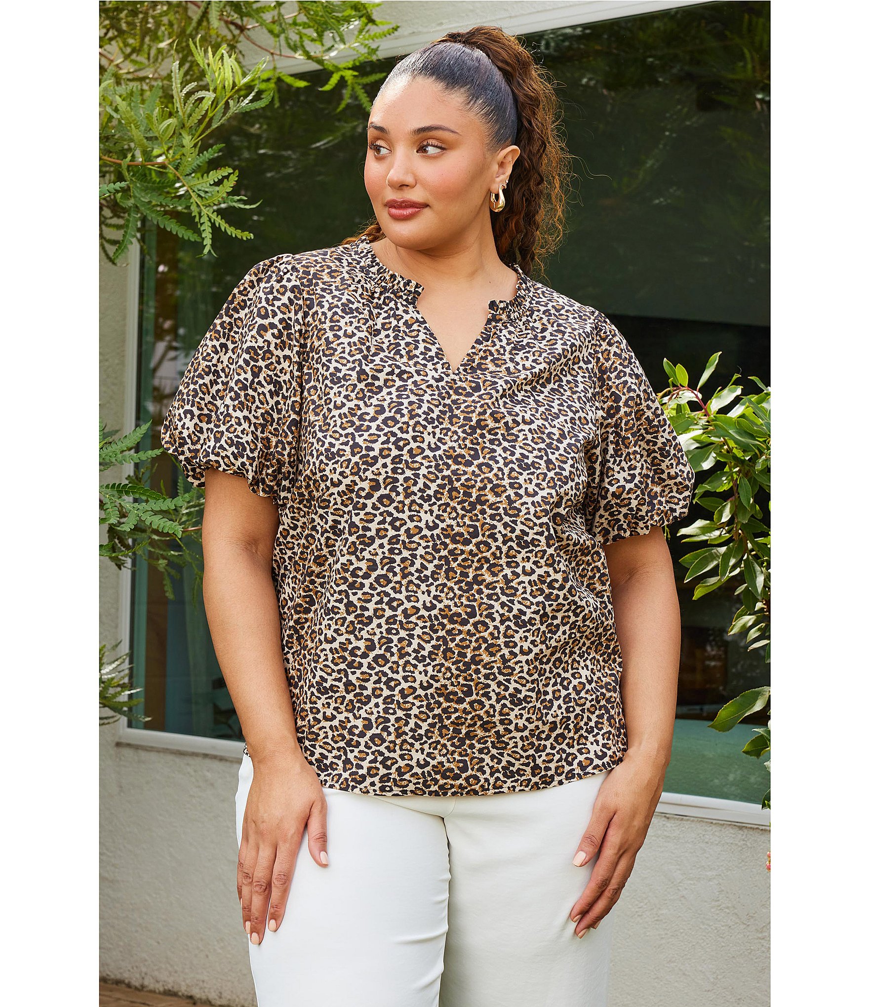 Skies Are Blue Plus Size Leopard Print Poplin Puff Sleeve Top