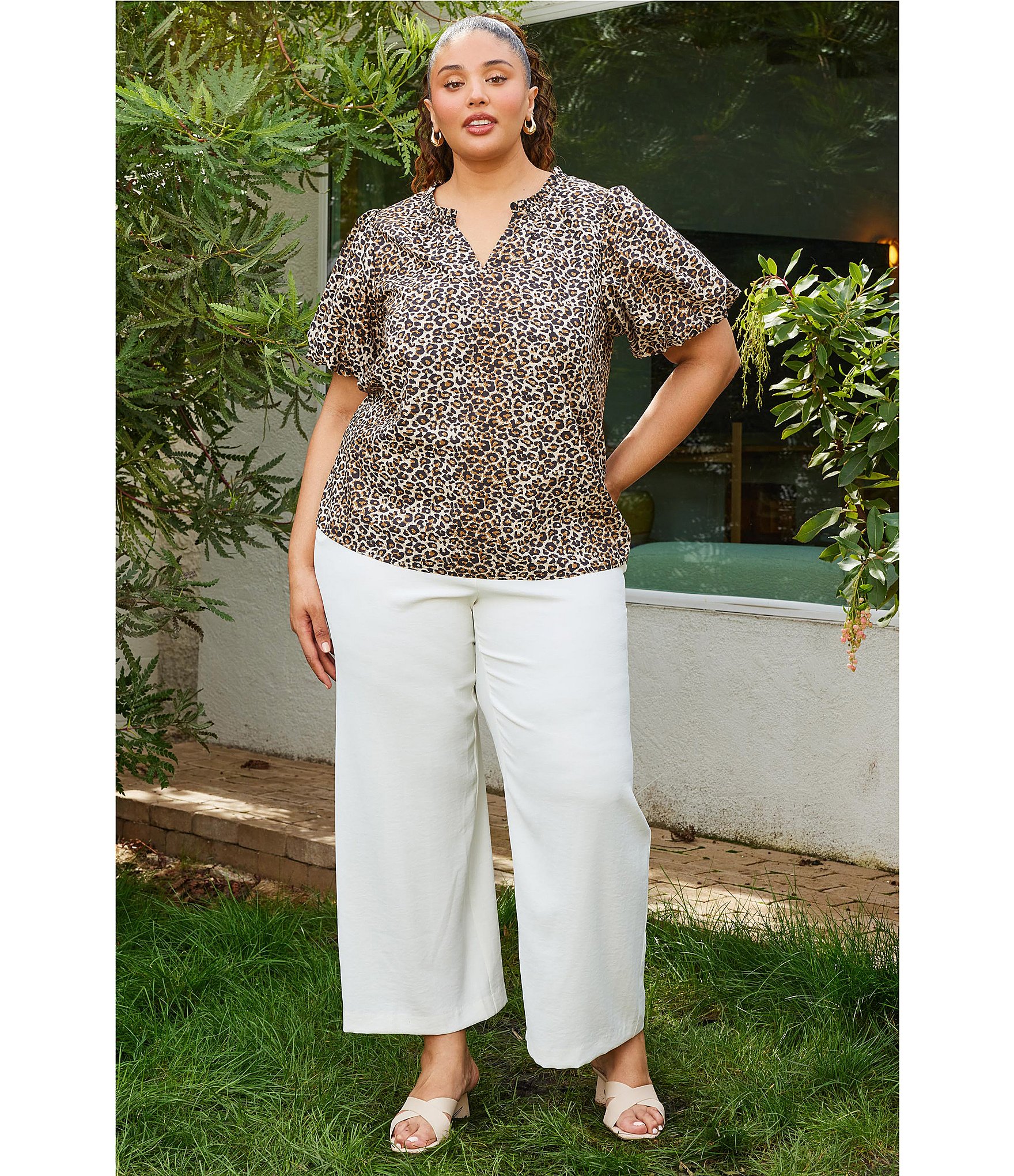 Skies Are Blue Plus Size Leopard Print Poplin Puff Sleeve Top
