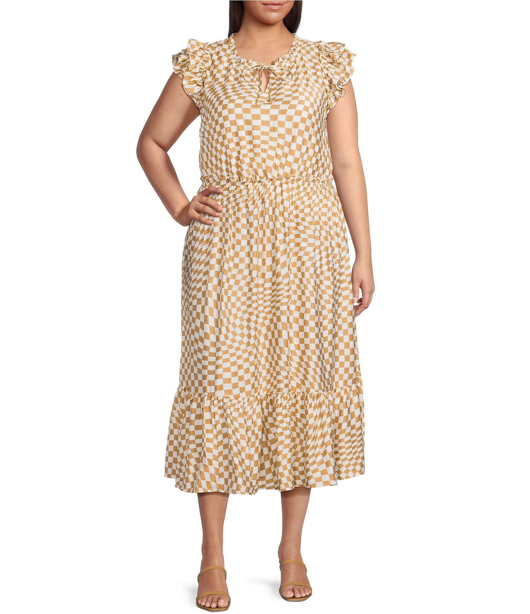 Skies Are Blue Plus Size Ruffle Checkerboard Midi Dress