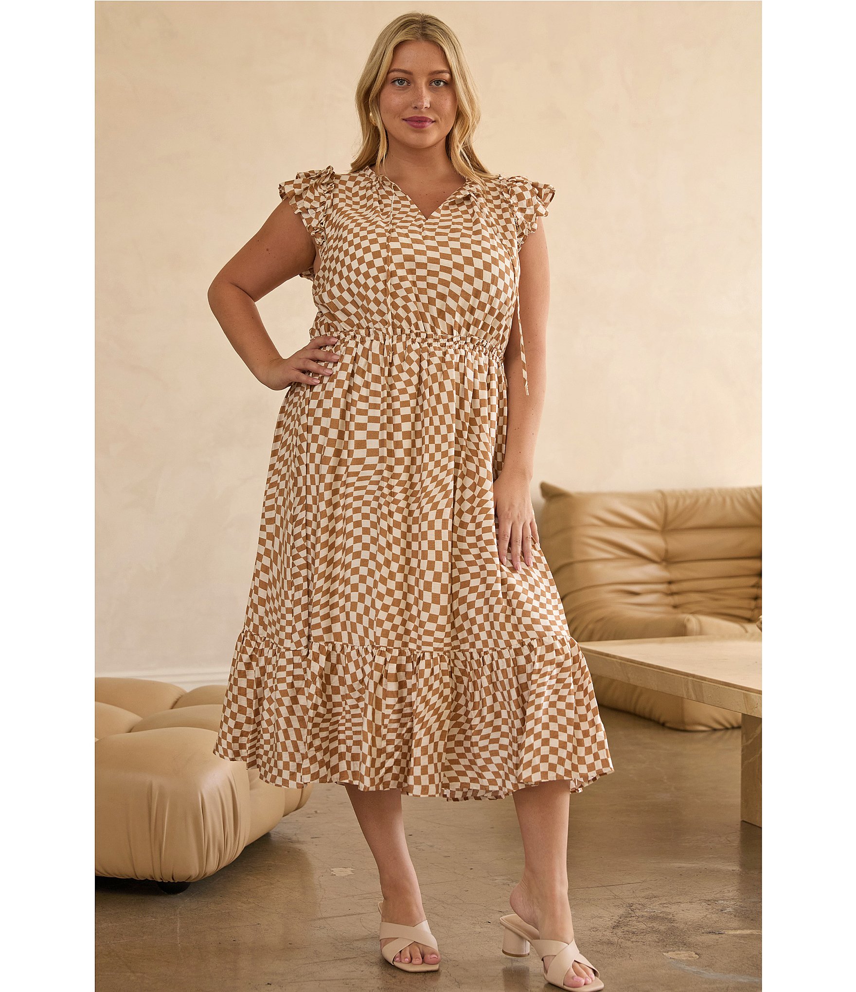 Skies Are Blue Plus Size Ruffle Checkerboard Midi Dress