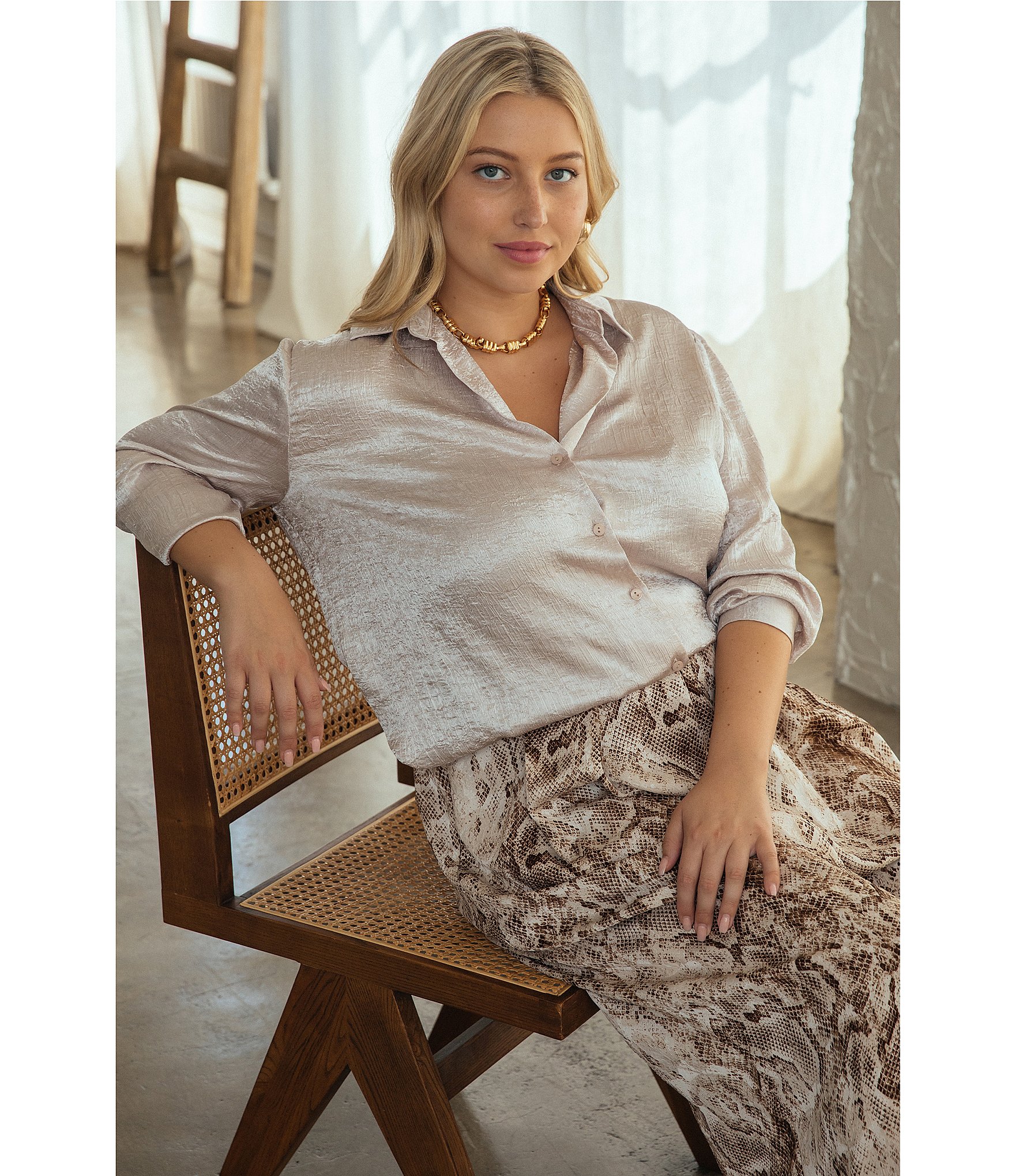 Skies Are Blue Plus Size Collared V-Neck Long Sleeve Crinkled Satin Button Down Blouse