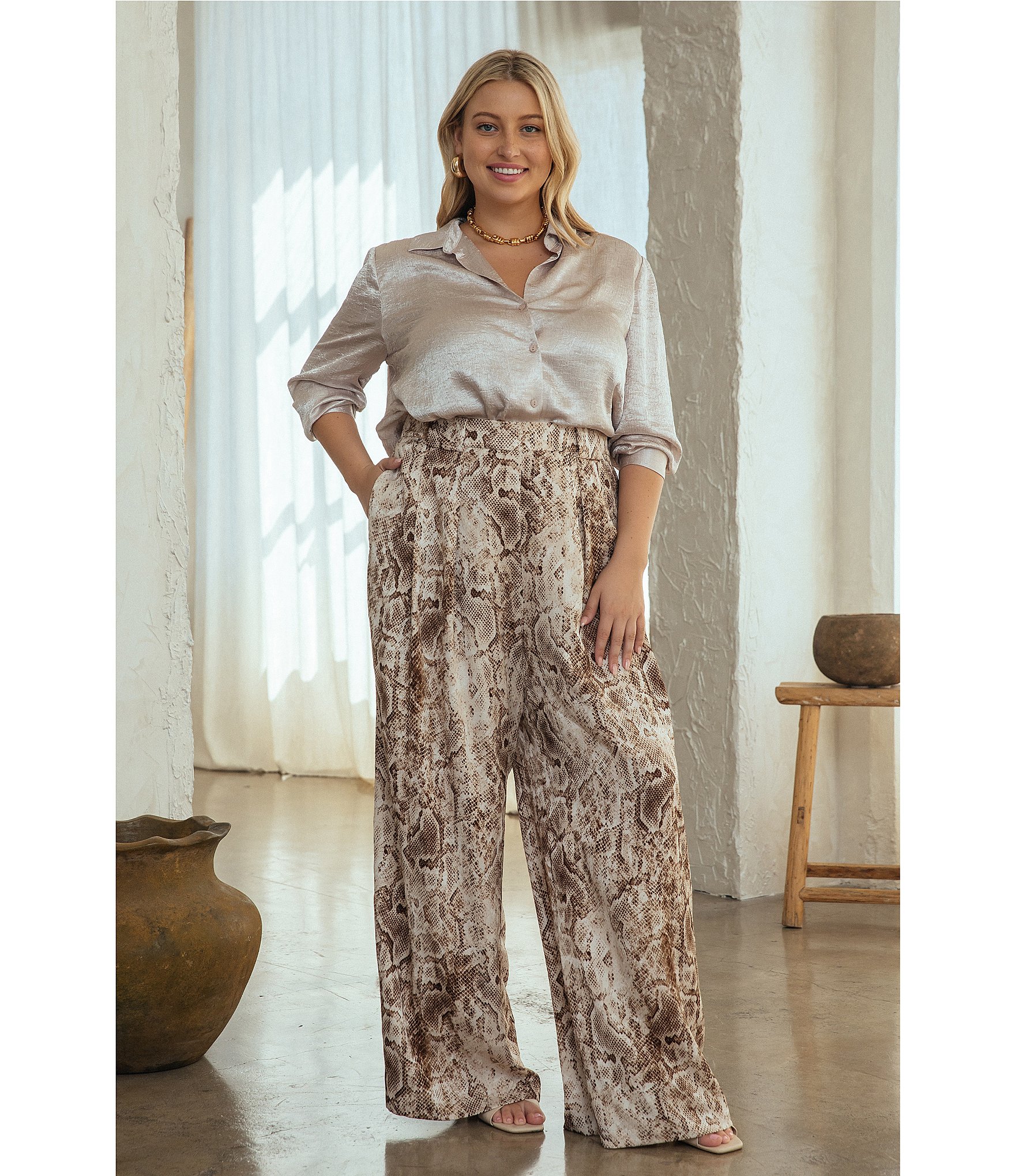 Skies Are Blue Plus Size Collared V-Neck Long Sleeve Crinkled Satin Button Down Blouse