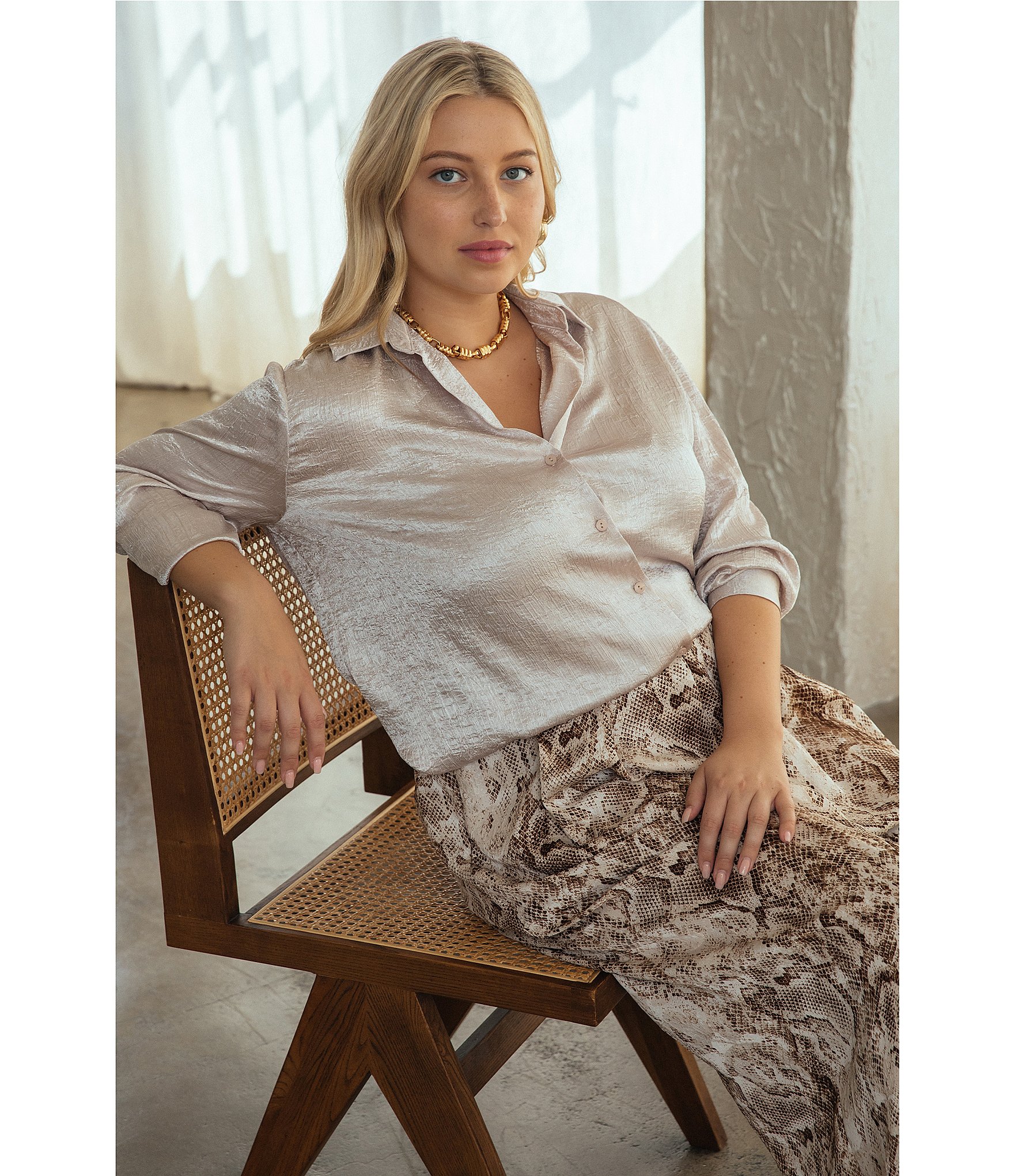 Skies Are Blue Plus Size Collared V-Neck Long Sleeve Crinkled Satin Button Down Blouse