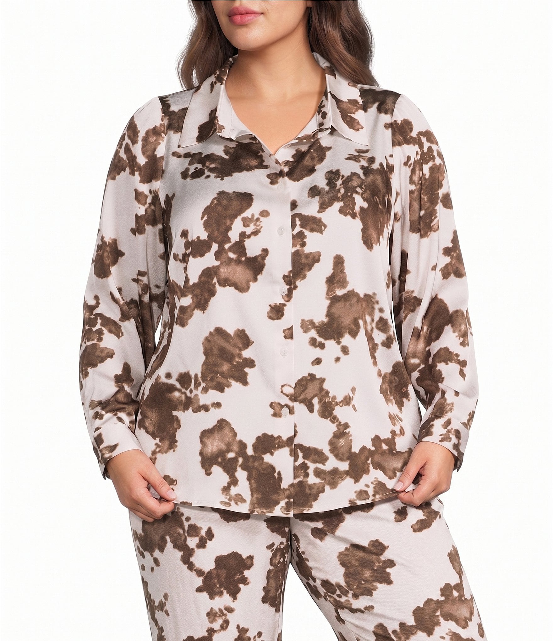 Skies Are Blue Plus Size Cow Print Satin Collared Long Sleeve Button-Down Coordinating Blouse