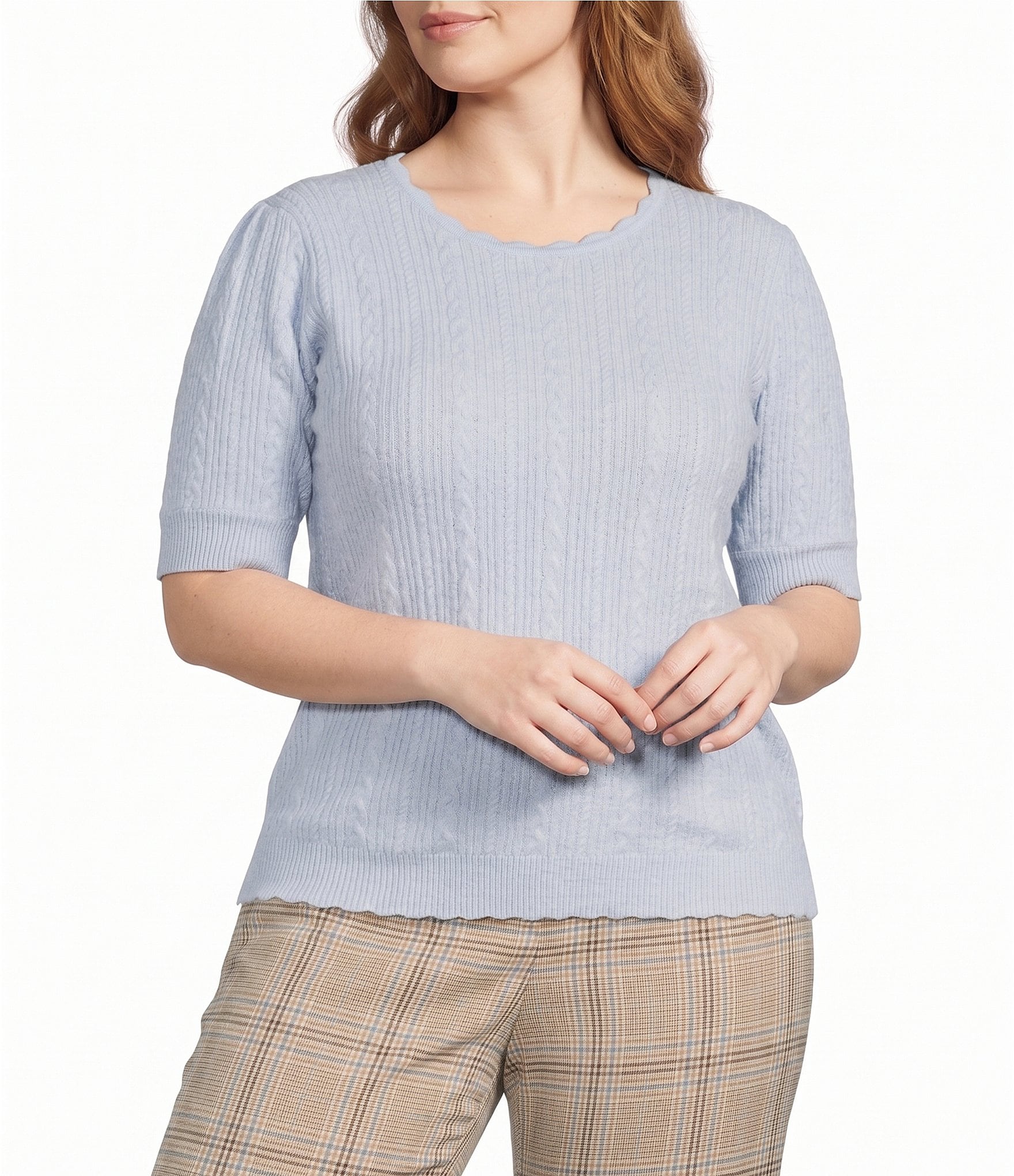 Skies Are Blue Plus Size Crew Neck Short Sleeve Cable Knit Sweater