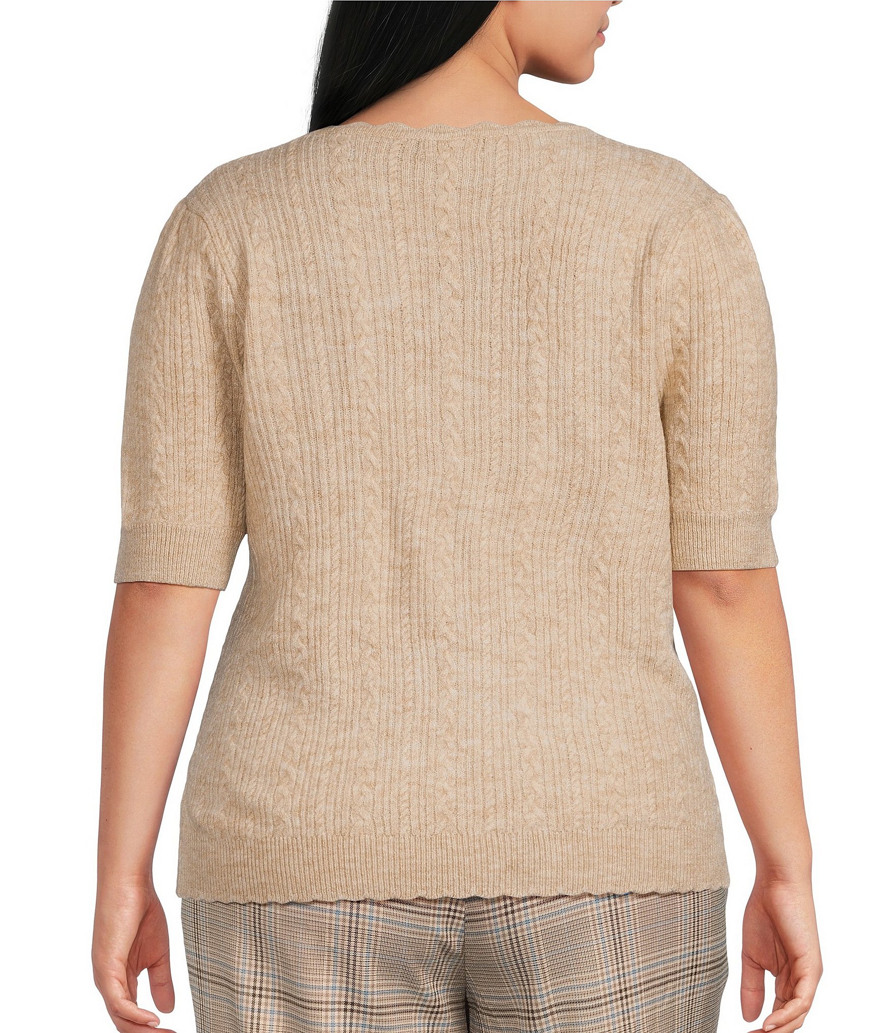 Skies Are Blue Plus Size Crew Neck Short Sleeve Cable Knit Sweater