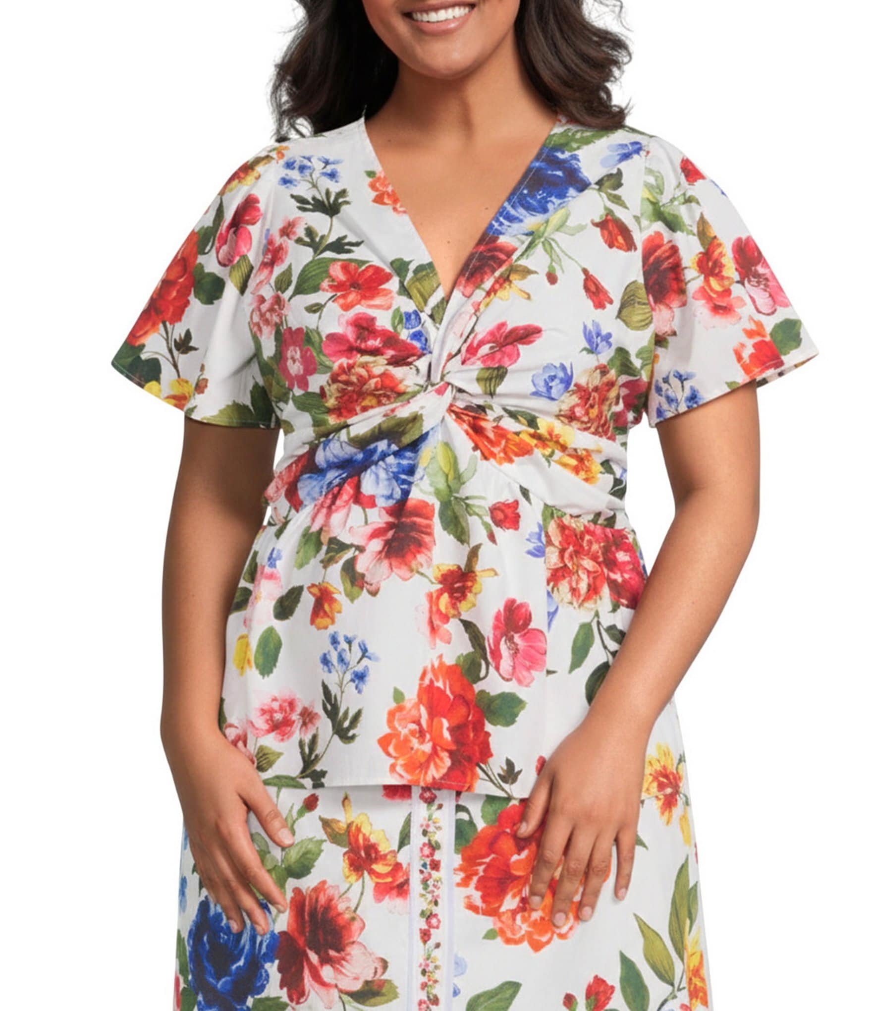 Skies Are Blue Plus Size Floral Printed V-Neck Short Sleeve Twist Front Coordinating Top