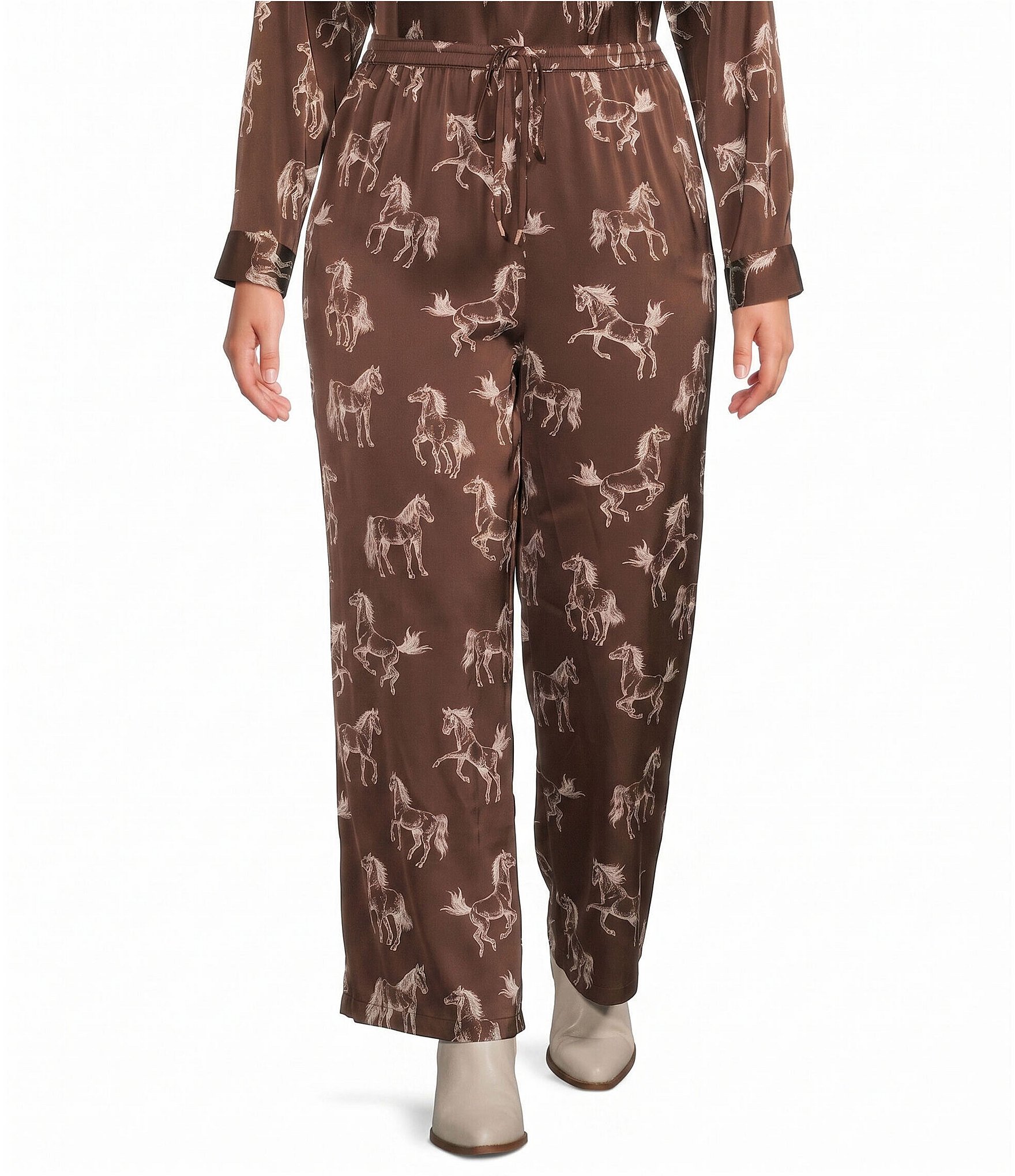 Skies Are Blue Plus Size Horse Print Wide Leg Satin Coordinating Pants