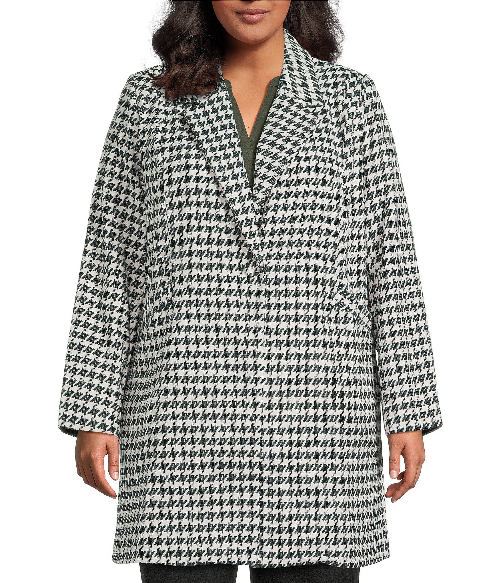 Skies Are Blue Plus Size Houndstooth Print Notch Lapel Neckline Long Sleeve Coat