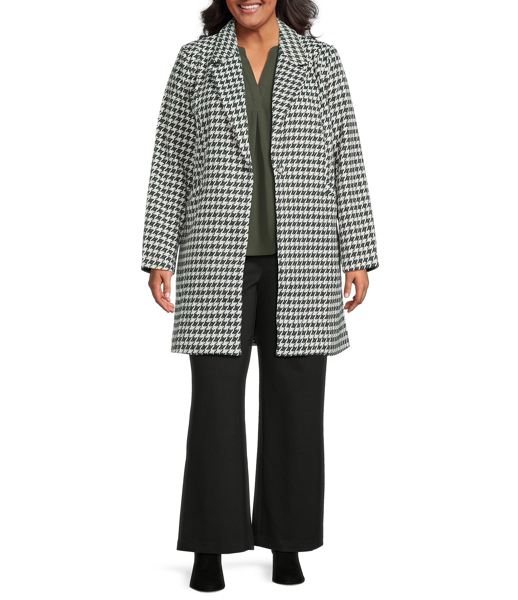 Skies Are Blue Plus Size Houndstooth Print Notch Lapel Neckline Long Sleeve Coat