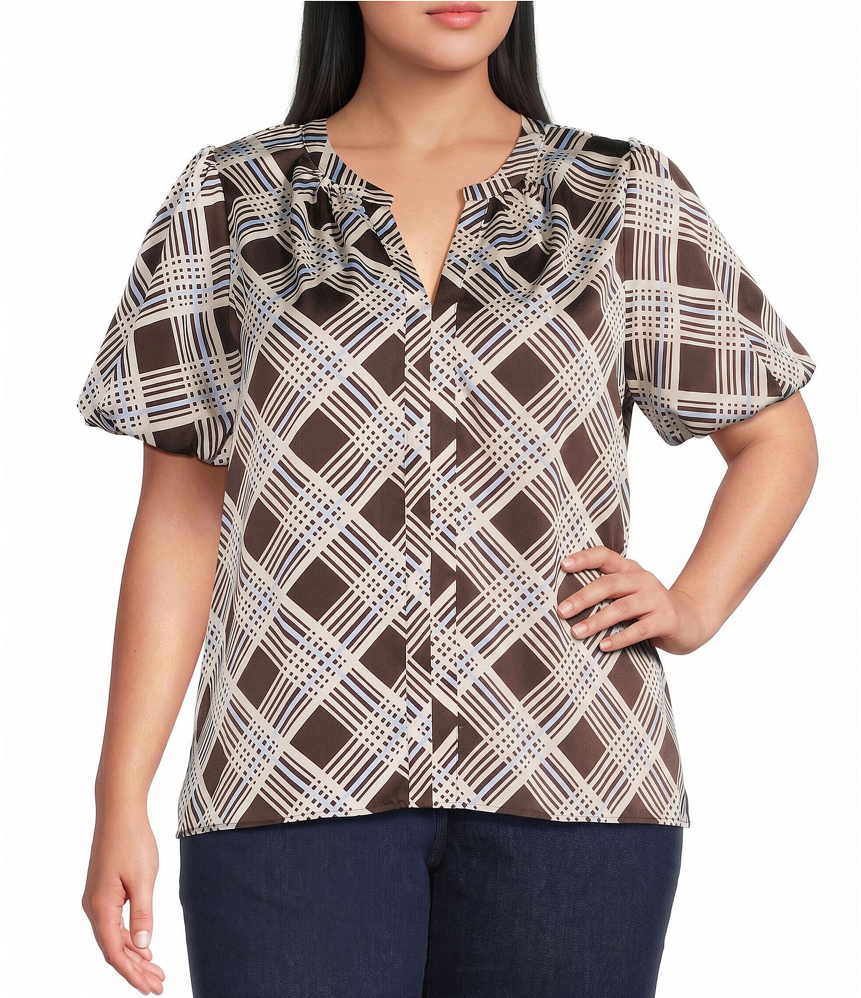Skies Are Blue Plus Size Plaid Printed V-Neck Short Sleeve Coordinating Top