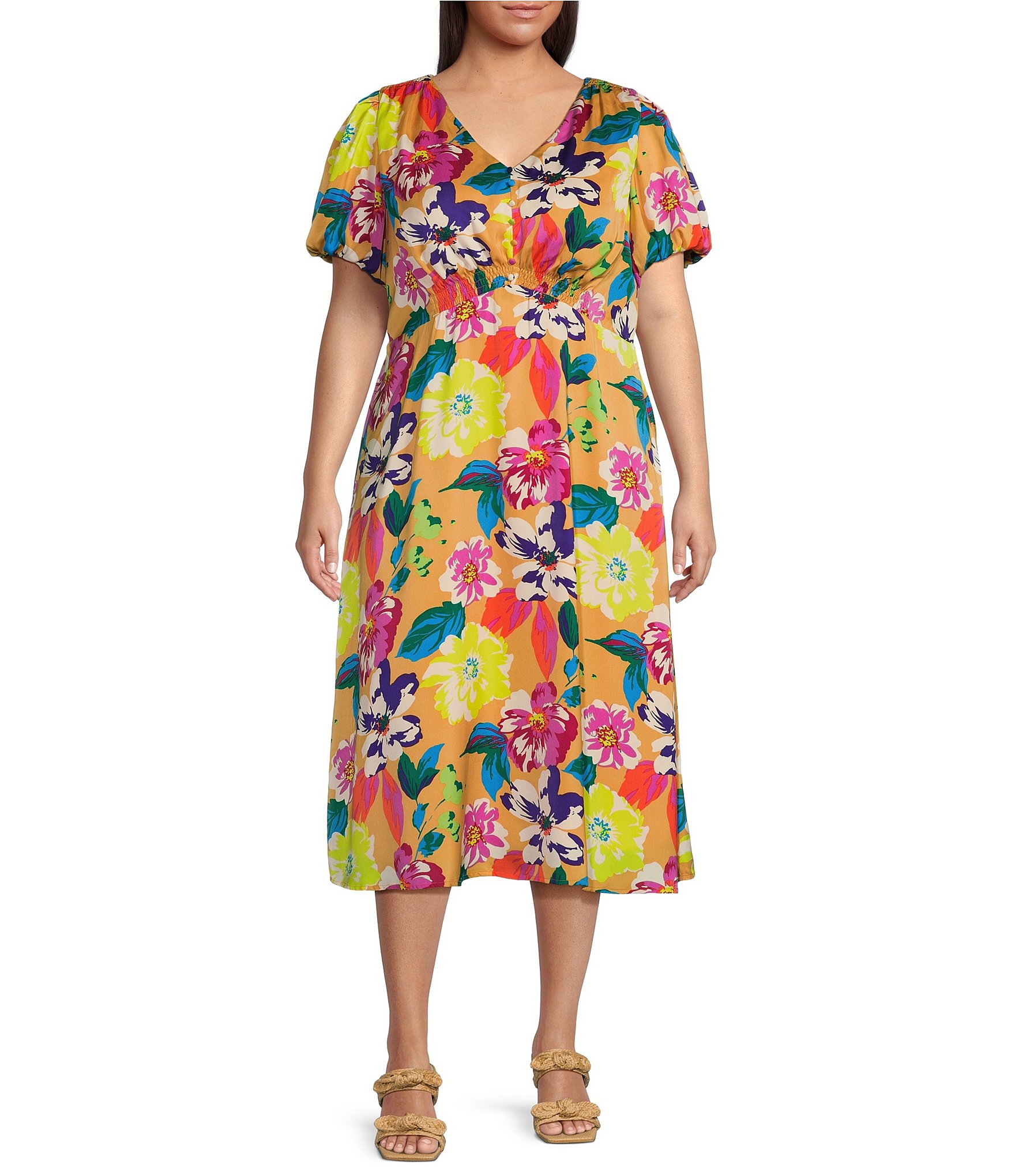 Skies Are Blue Plus Size Woven Floral Print Short Sleeve V-Neck Maxi Dress  | Dillard's