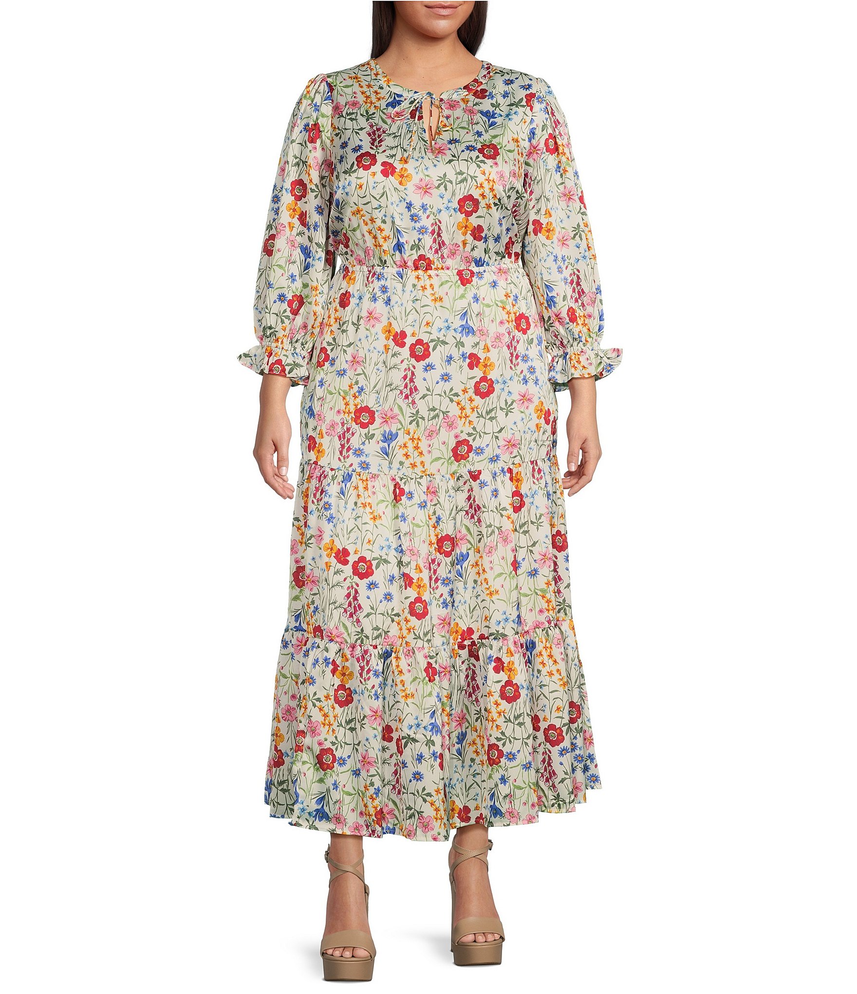 Skies Are Blue Plus Size Woven Long Ruffle Sleeve Front Tie Tiered Dress