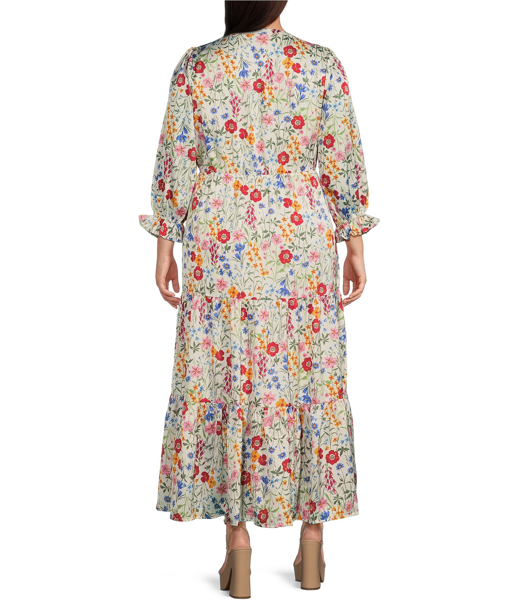 Skies Are Blue Plus Size Woven Long Ruffle Sleeve Front Tie Tiered Dress