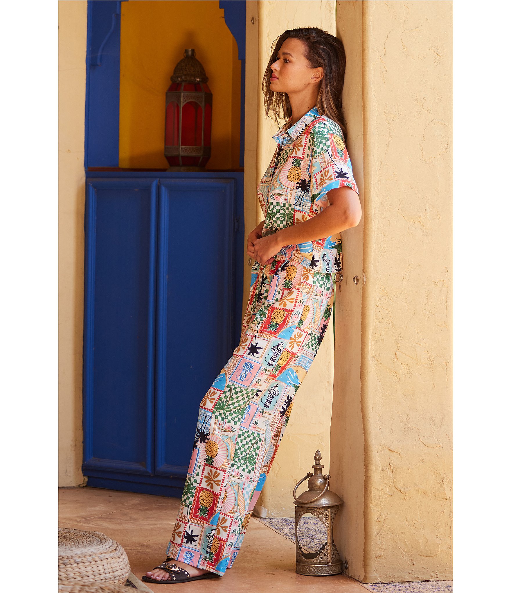 Skies Are Blue Postcard Printed High Waist Wide Leg Elastic Back Pant