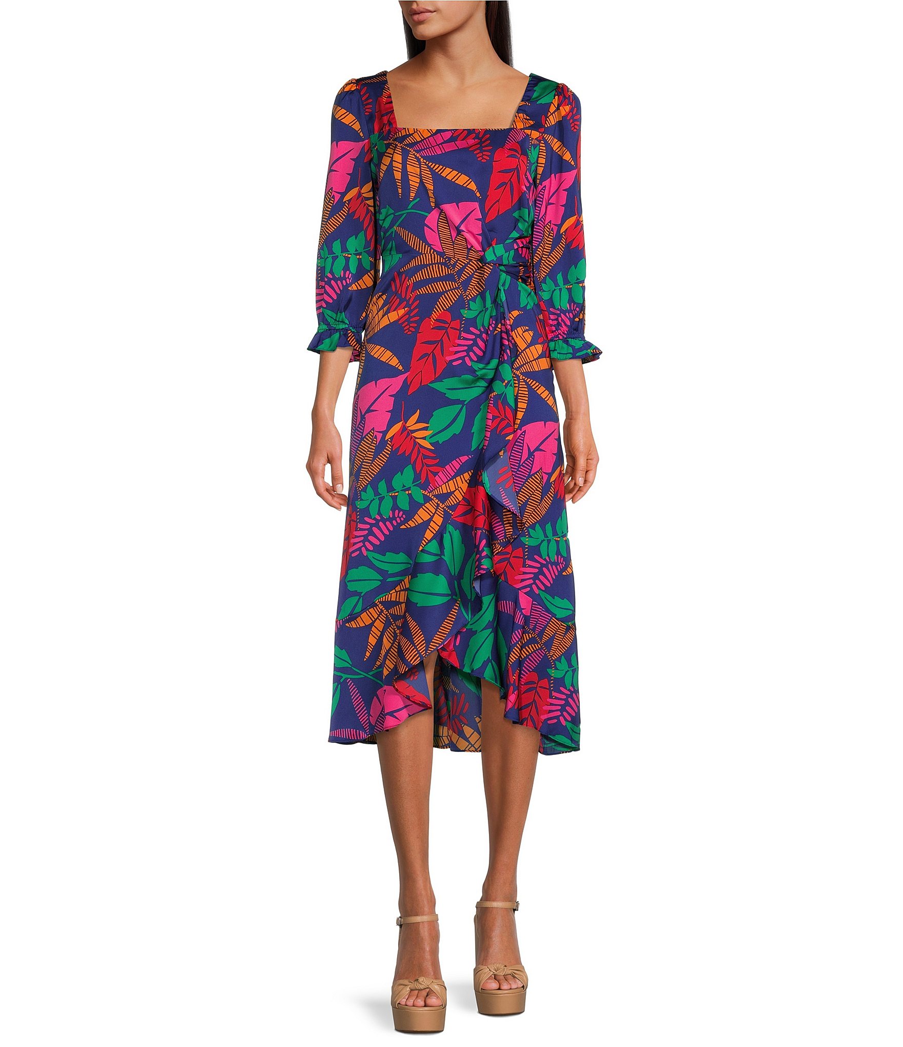 Skies Are Blue Printed Square Neck 3/4 Volume Sleeve Dress | Dillard's