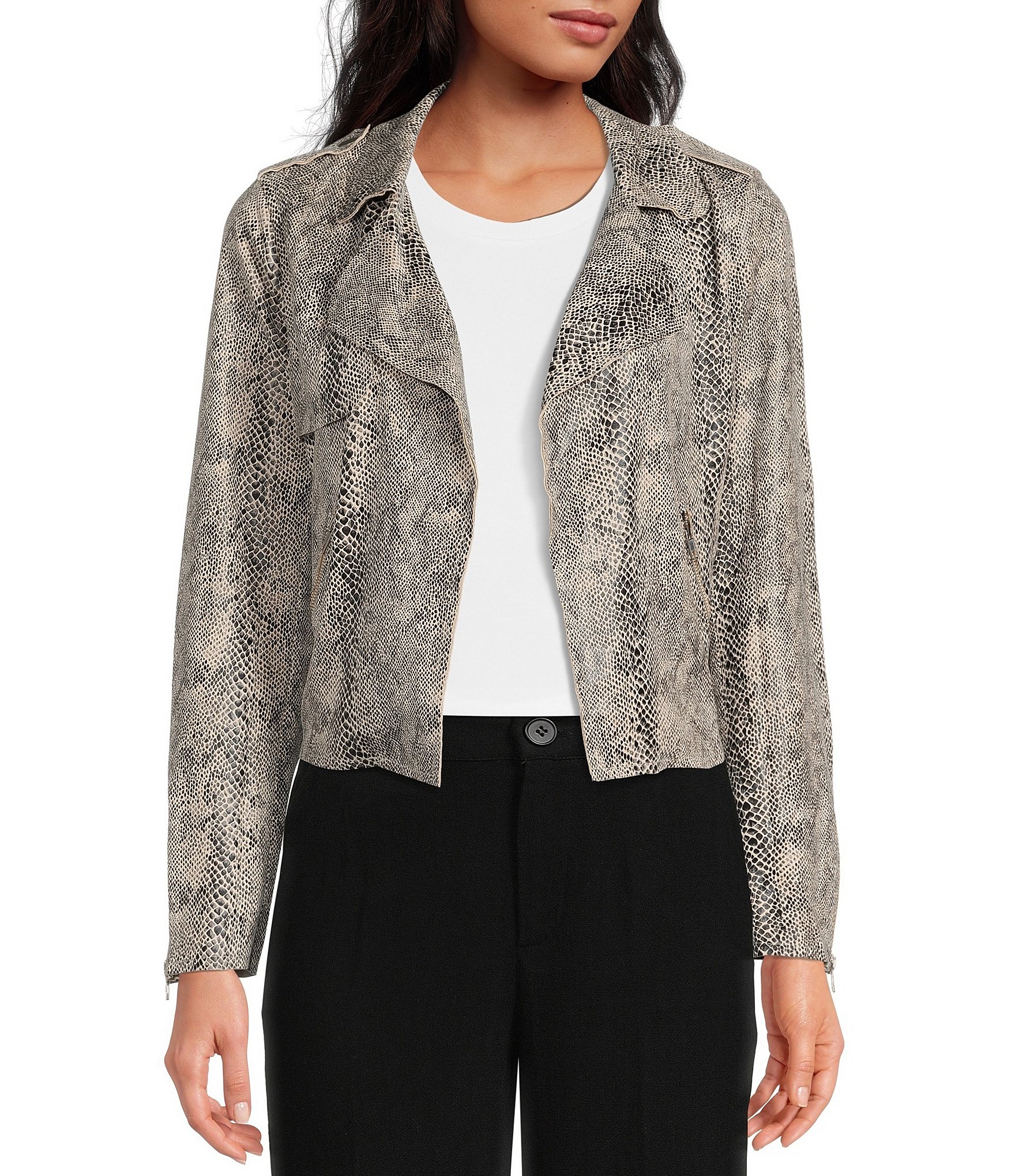 Skies Are Blue Soft Faux Suede Snake Print Notch Lapel Long Sleeve