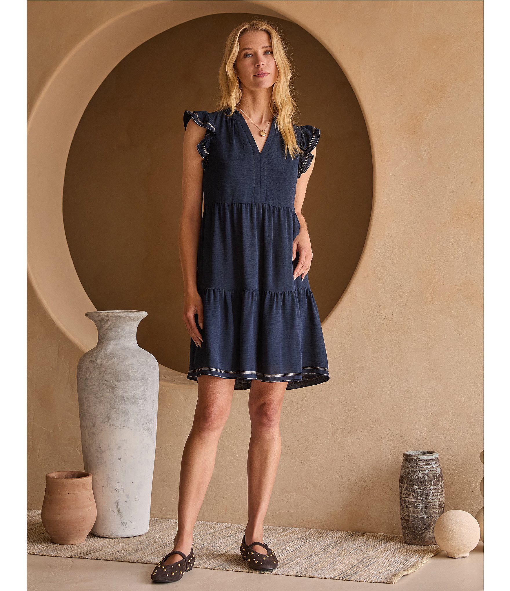 Skies Are Blue Split V-Neck Ruffle Cap Sleeve Tiered Dress