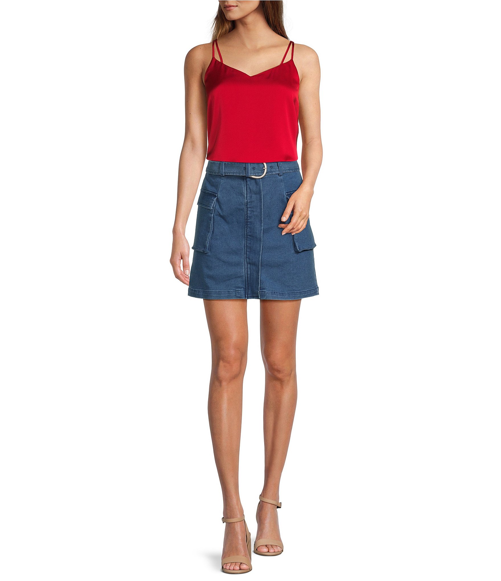 Skies Are Blue Stretch Denim Belted Cargo Mini Skirt