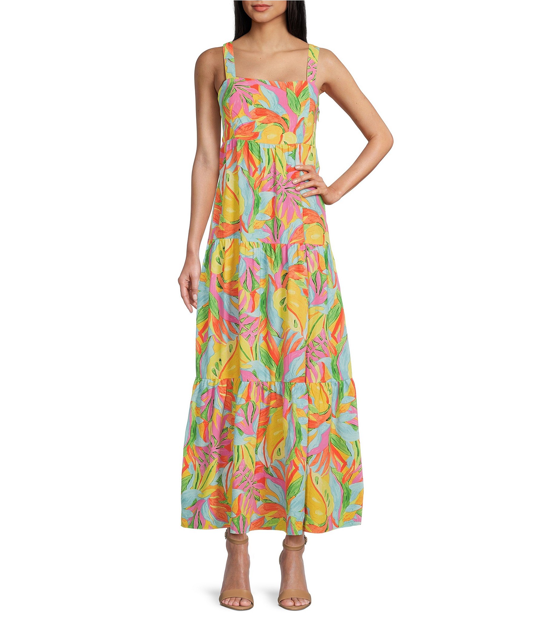 Skies Are Blue Tropical Print Square Neck Sleeveless Maxi Dress | Dillard's
