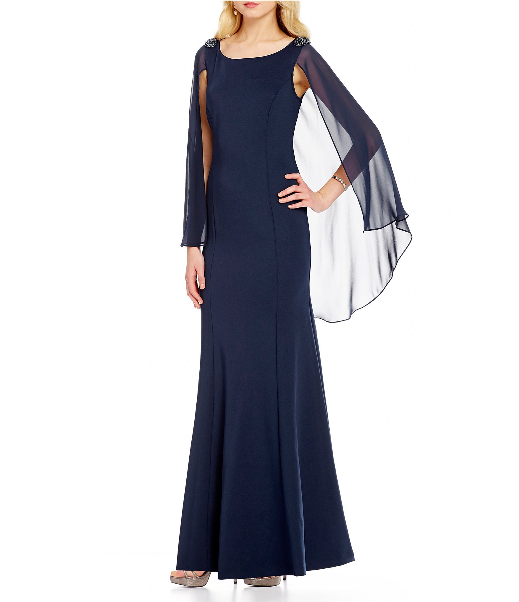 S.L. Fashions Bead-Trim Sleeveless Long Capelet Dress | Dillards