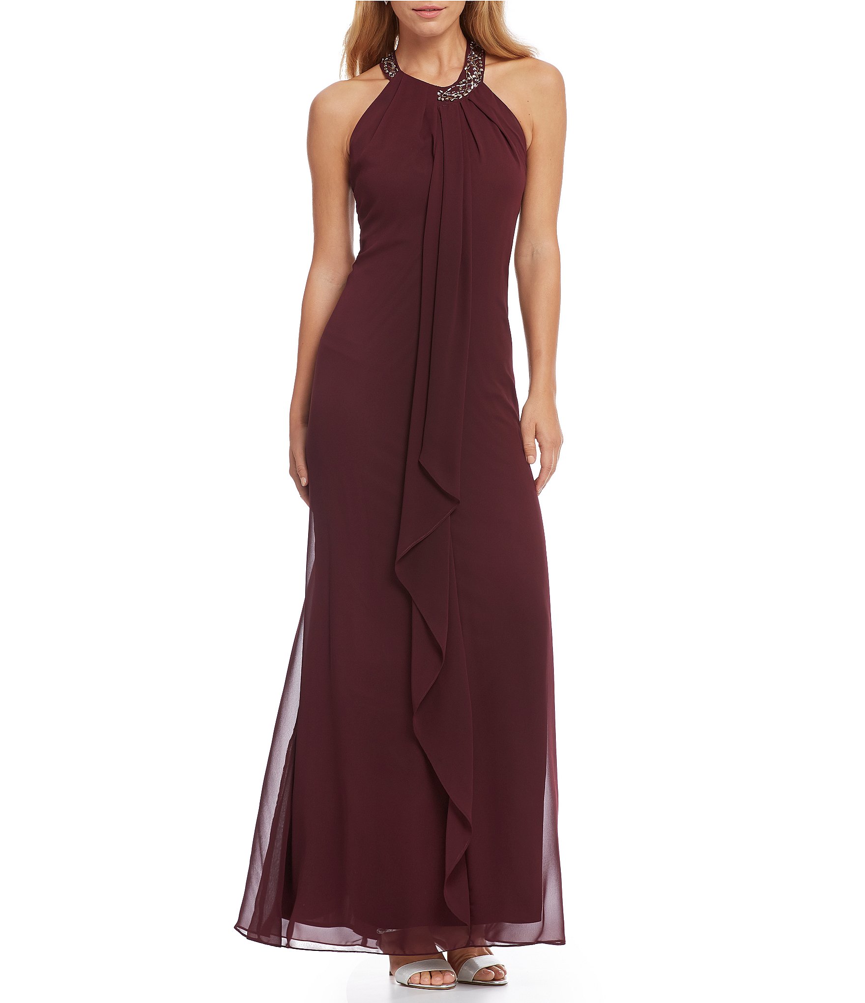 S.L. Fashions Braided Bead Neck Cascade Ruffle Gown | Dillards
