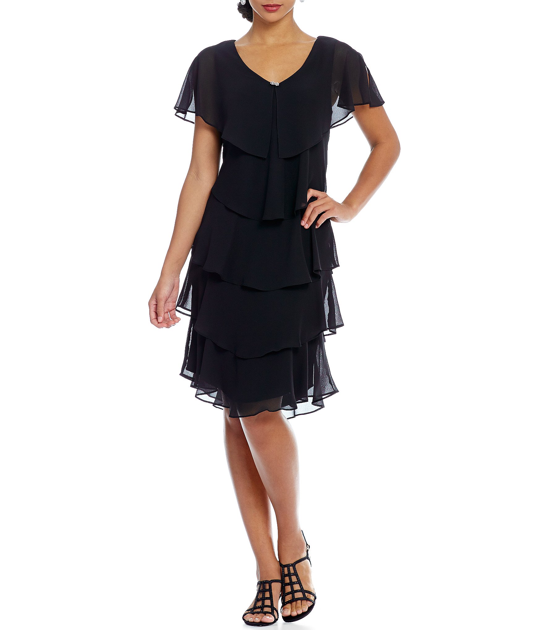S.L. Fashions Georgette Tiered Capelet Dress | Dillards