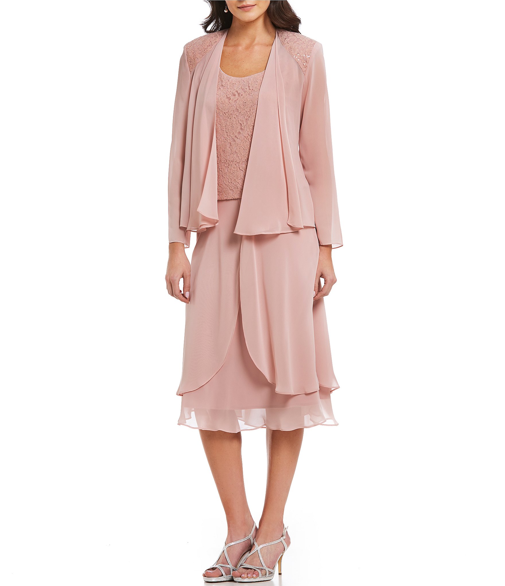 S.L. Fashions Sequined Lace Chiffon 3-Piece Skirt Set | Dillards