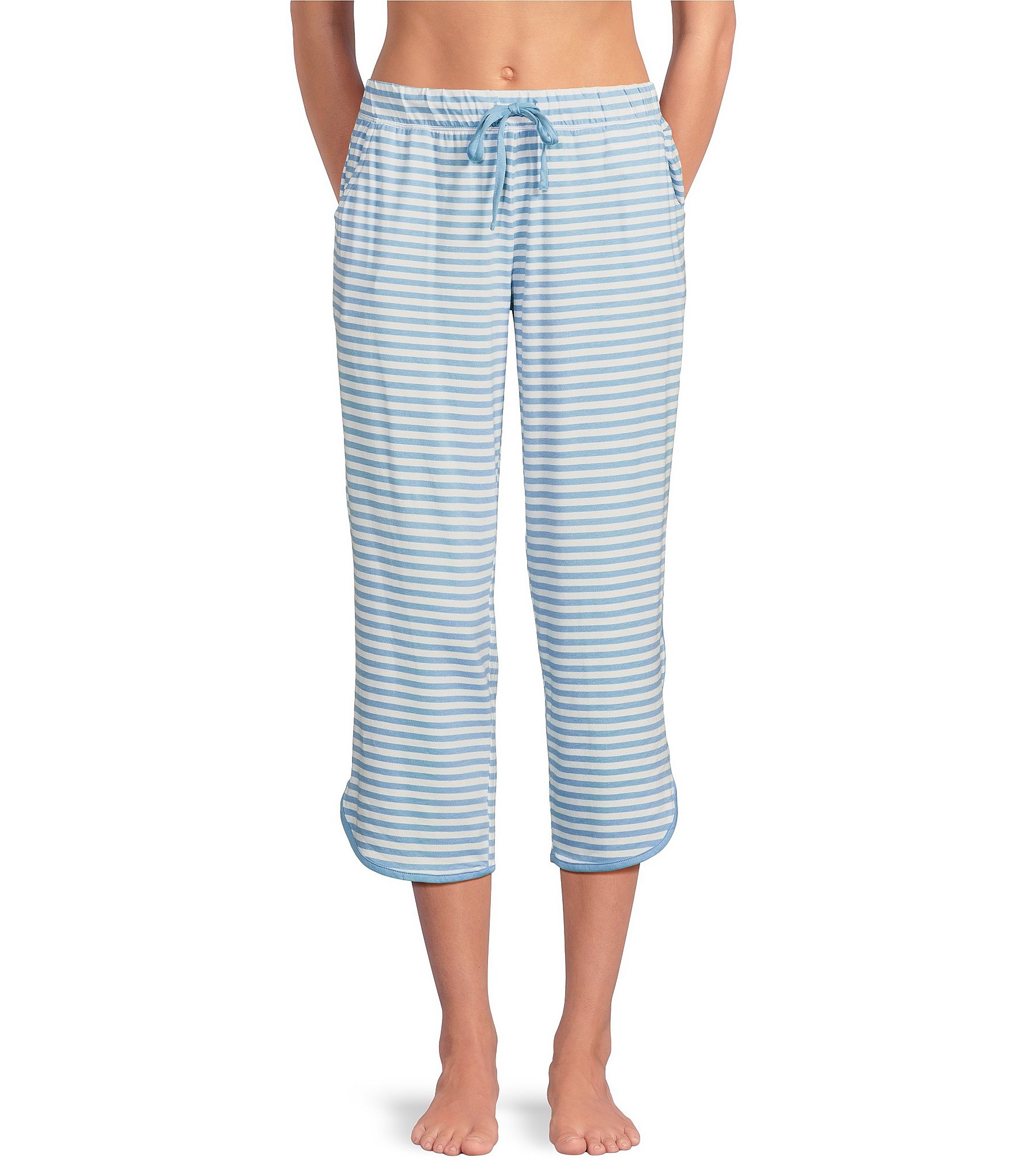 Sleep Sense Blue Stripe Print Coordinating Knit Cropped Sleep Pants